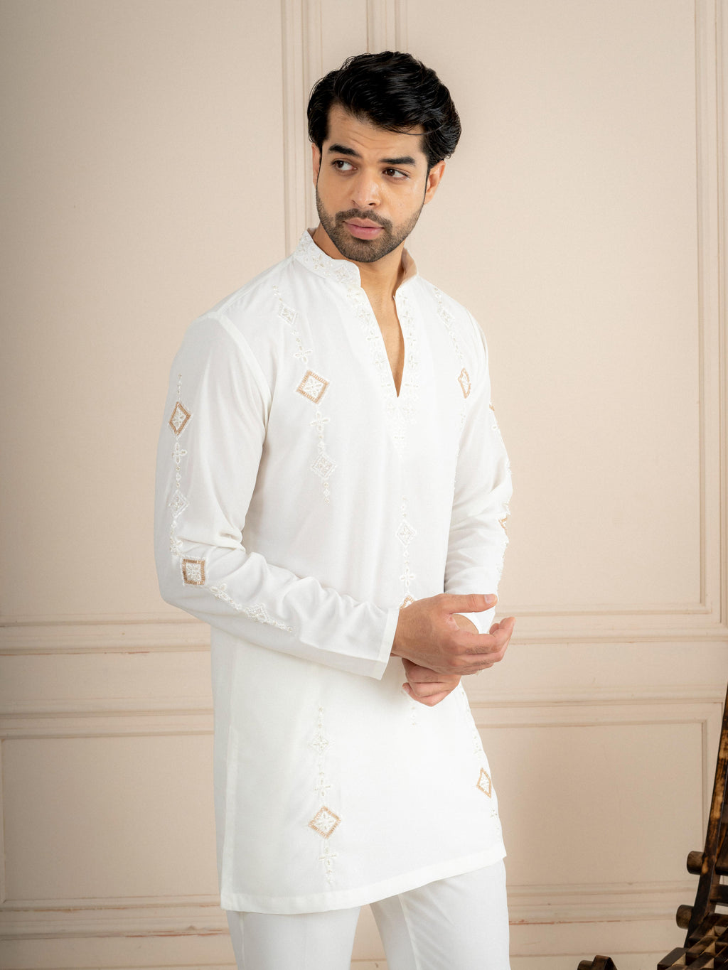 White Japanese Lachka Beads Kurta Set | Tulip Designer
