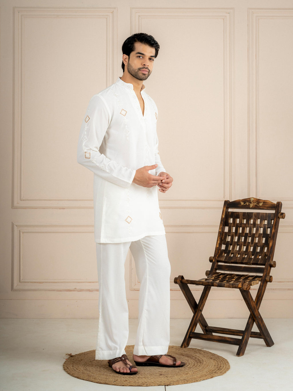White Japanese Lachka Beads Kurta Set | Tulip Designer
