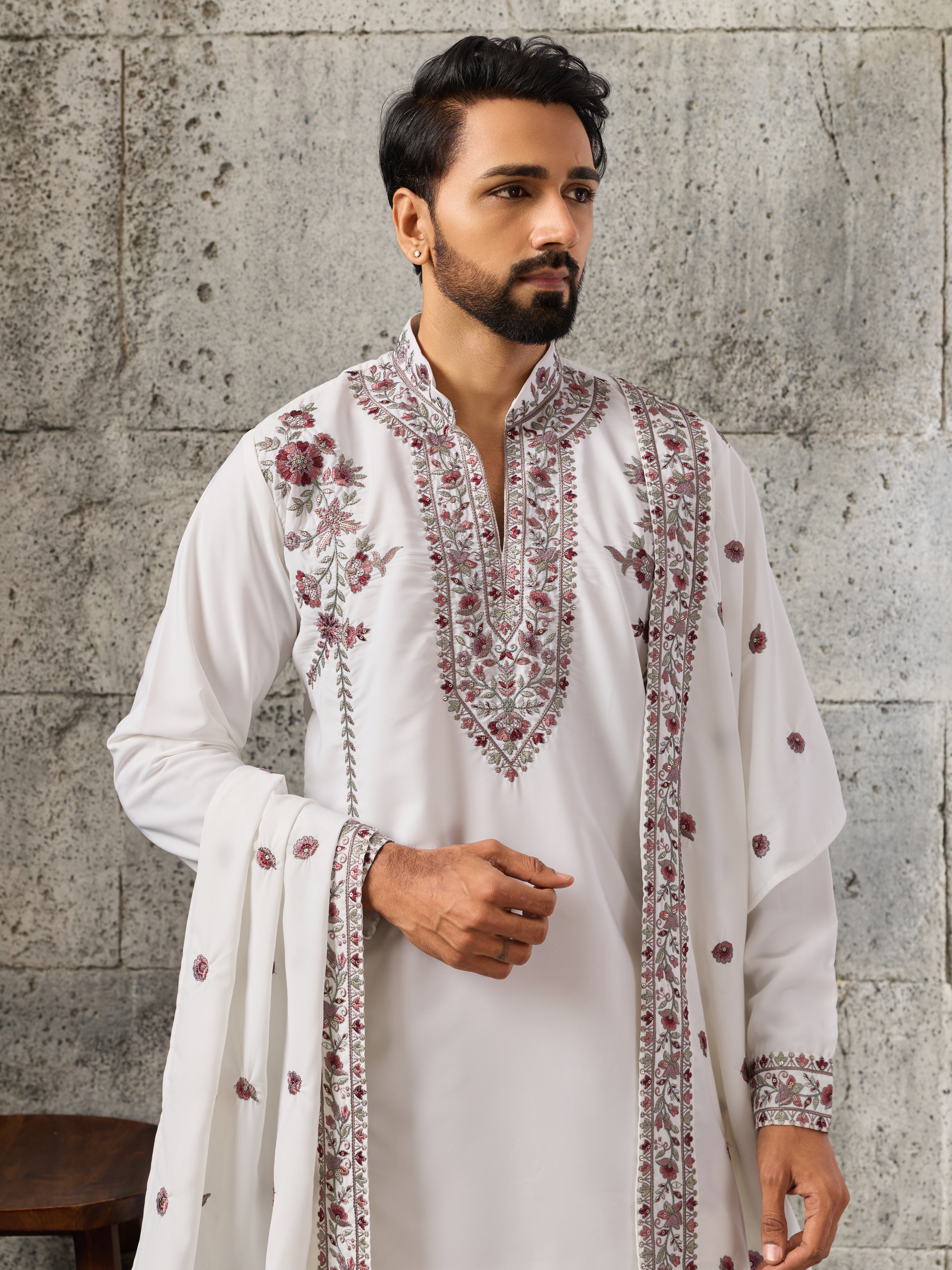Rajwadi White Japanese Lachka Festive Kurta Dupatta Set
