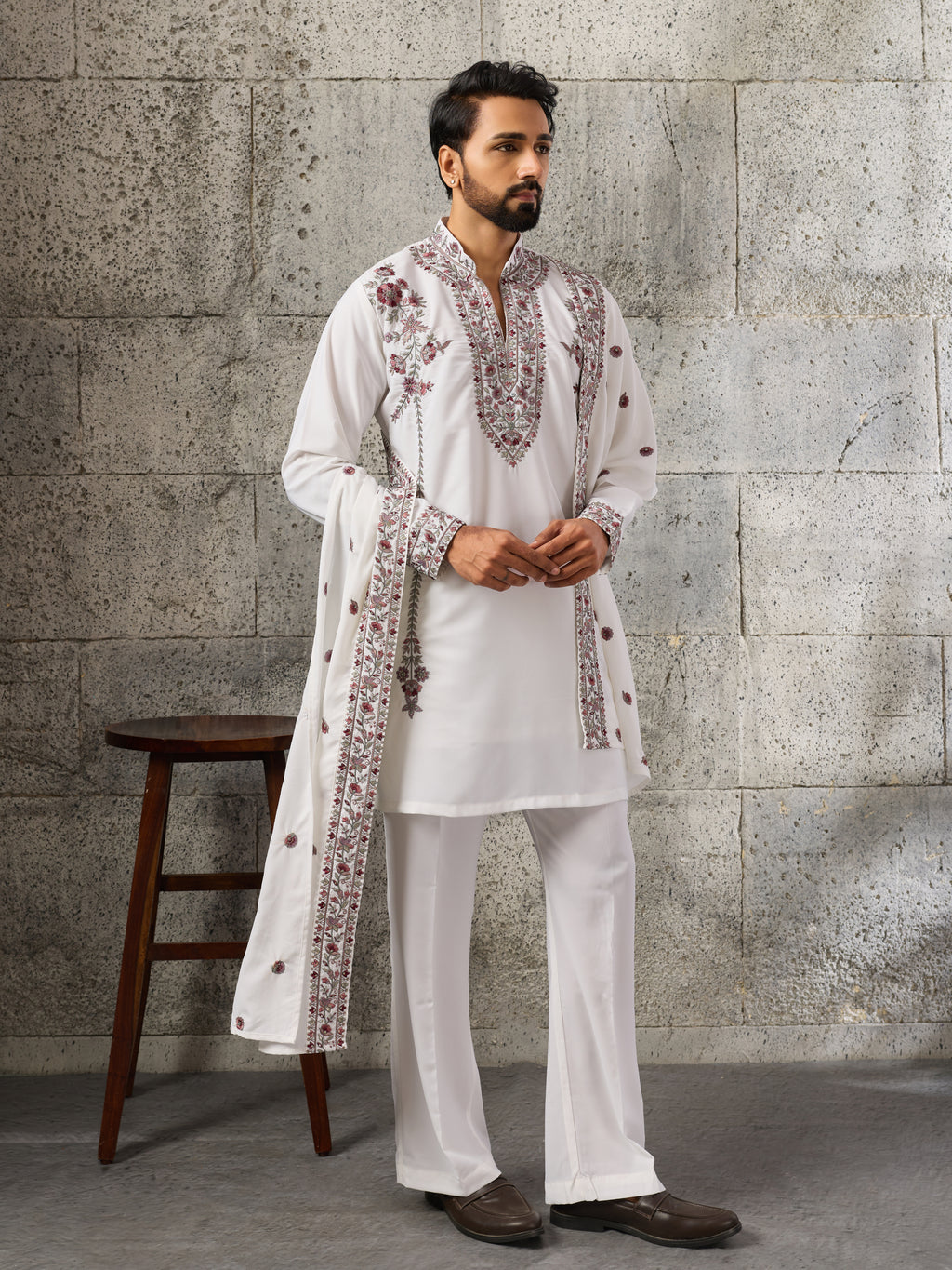Rajwadi White Japanese Lachka Festive Kurta Dupatta Set
