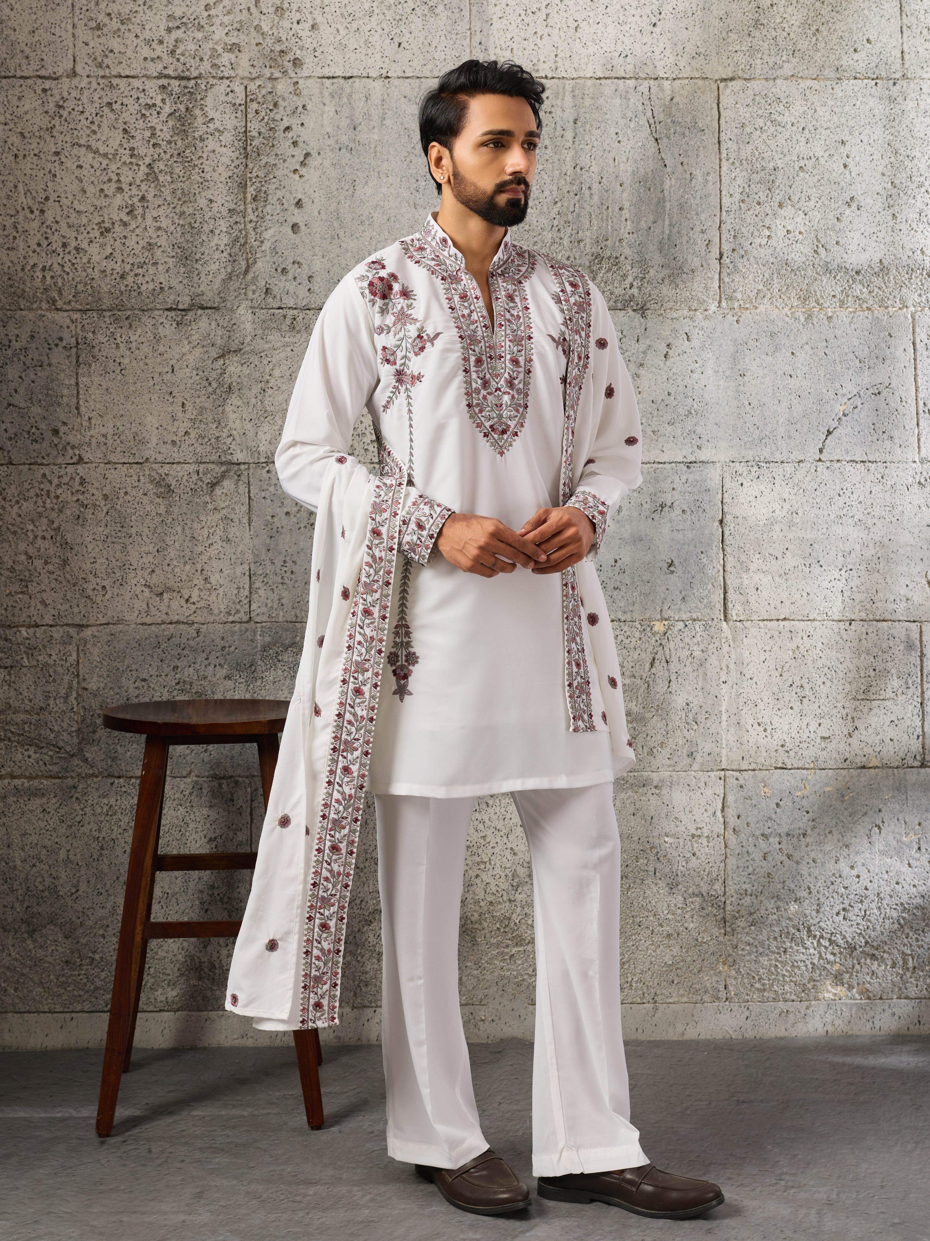 Rajwadi White Japanese Lachka Festive Kurta Dupatta Set

