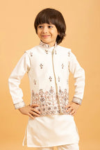 Premium White Mirror Work Koti Kurta Set for Boys