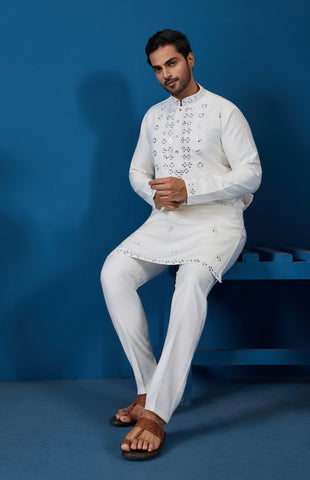 White Real Mirror Work Kurta Pant Set for Mens Wear