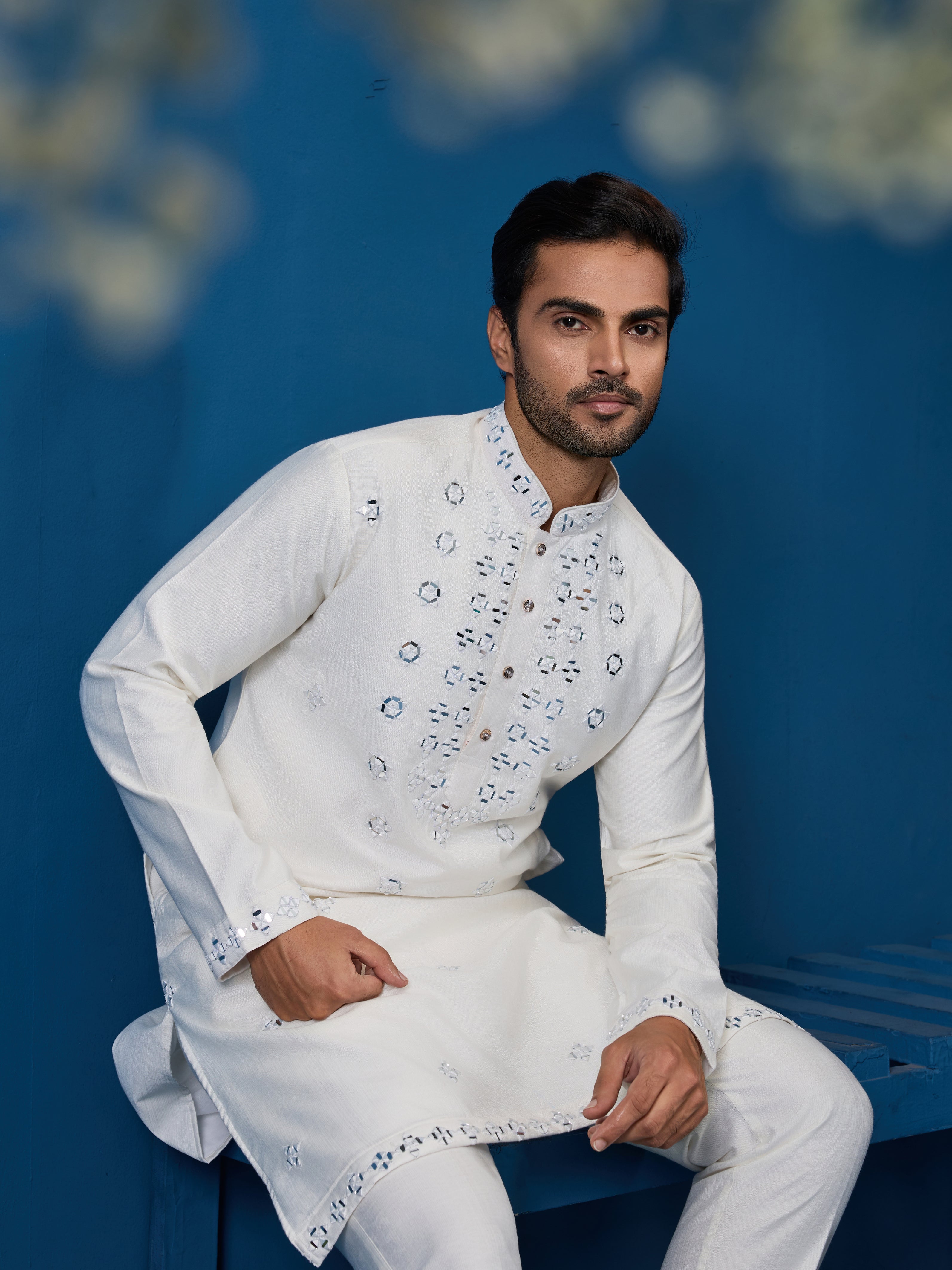 White Real Mirror Work Kurta Pant Set for Mens Wear