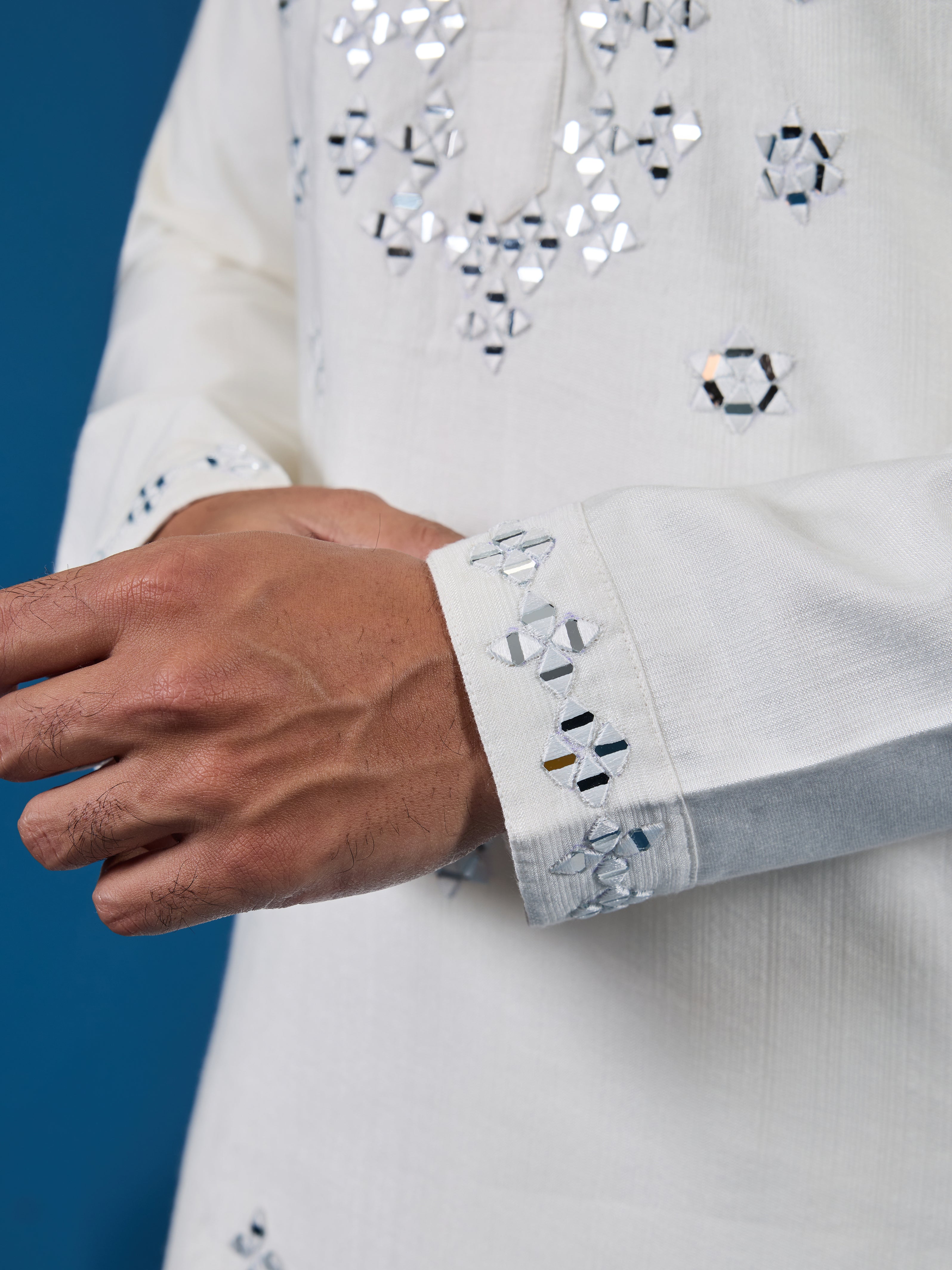 White Real Mirror Work Kurta Pant Set for Mens Wear