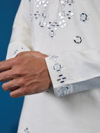 White Real Mirror Work Kurta Pant Set for Mens Wear