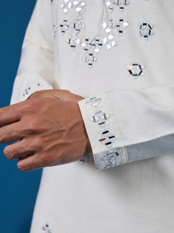 White Real Mirror Work Kurta Pant Set for Mens Wear