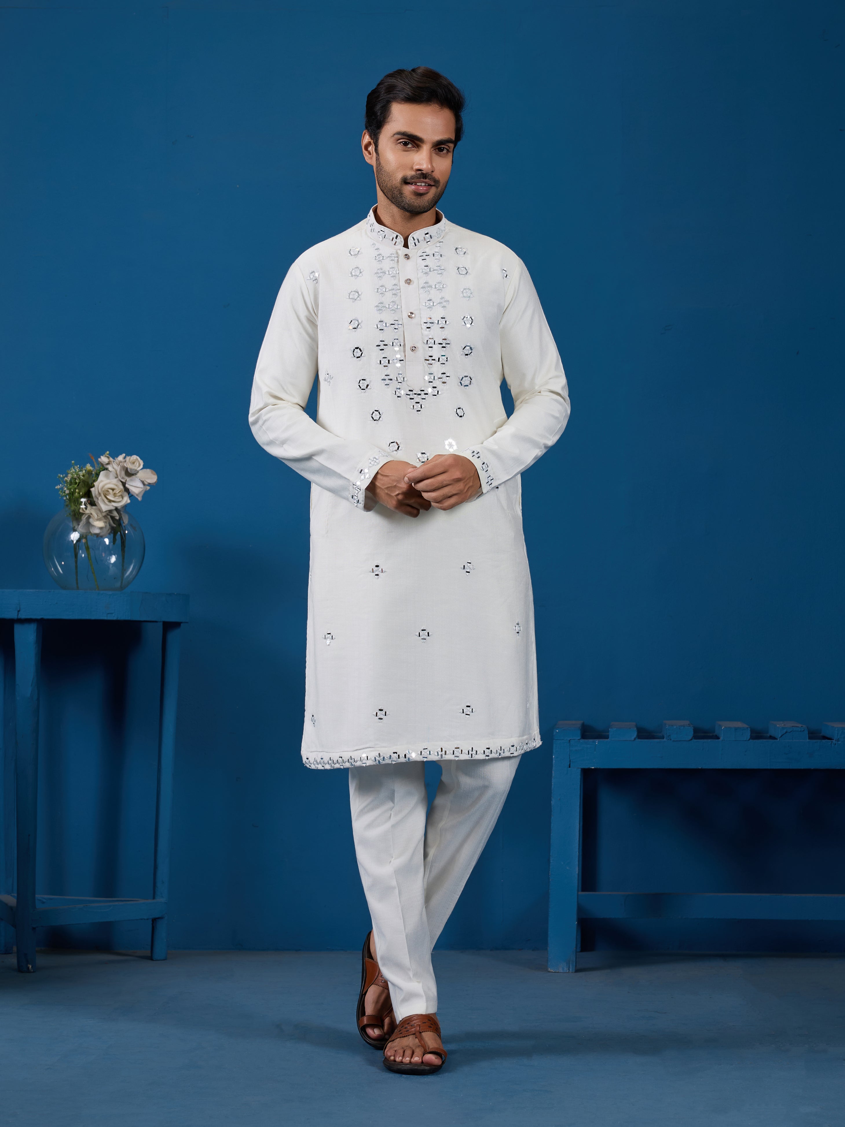 White Real Mirror Work Kurta Pant Set for Mens Wear