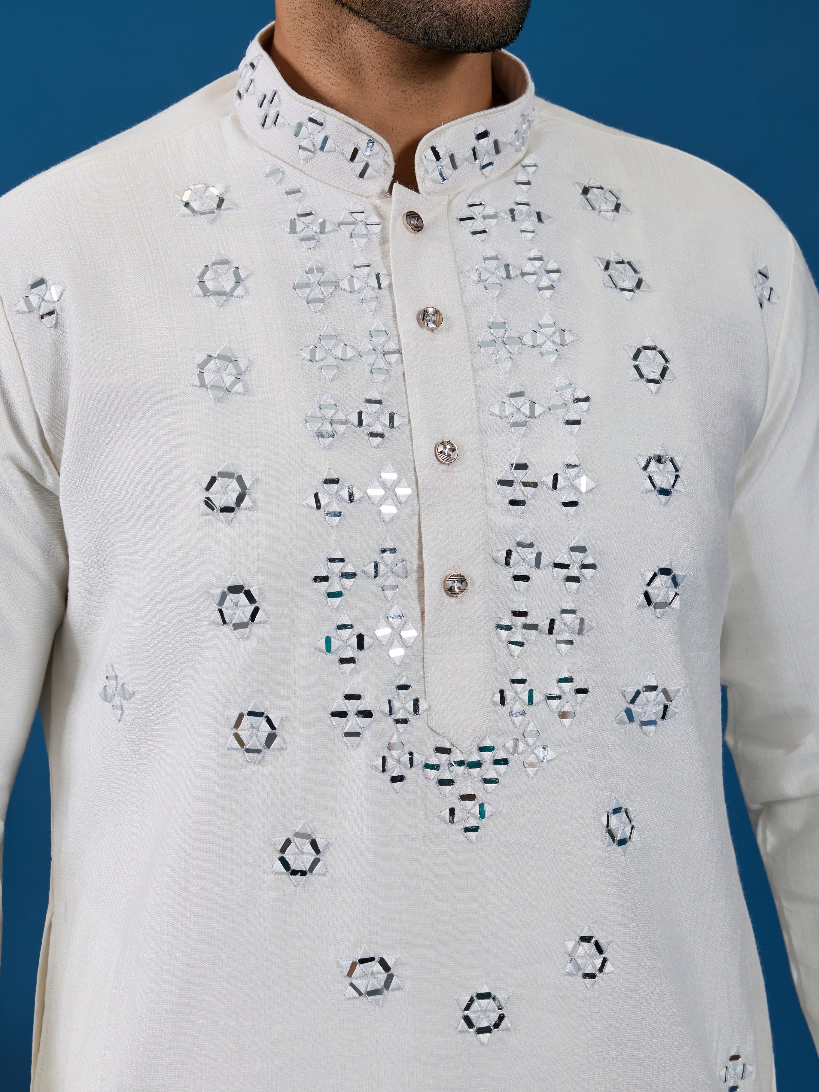 White Real Mirror Work Kurta Pant Set for Mens Wear
