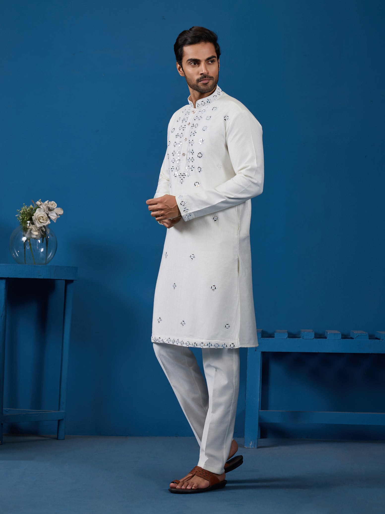 White Real Mirror Work Kurta Pant Set for Mens Wear