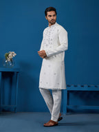 White Real Mirror Work Kurta Pant Set for Mens Wear