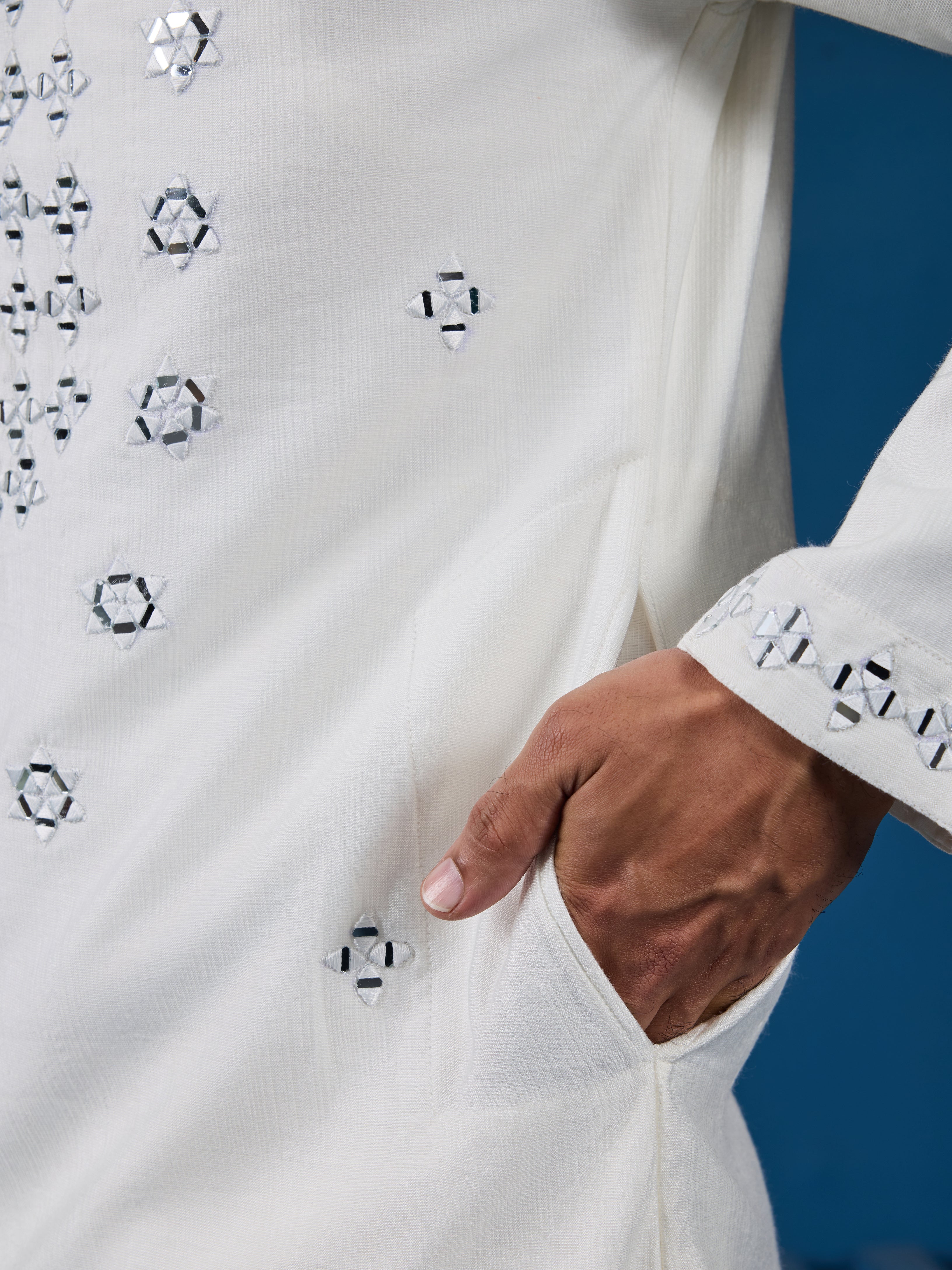 White Real Mirror Work Kurta Pant Set for Mens Wear