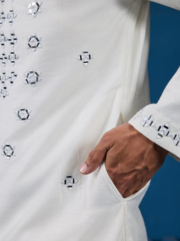 White Real Mirror Work Kurta Pant Set for Mens Wear