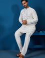 White Real Mirror Work Kurta Pant Set for Mens Wear