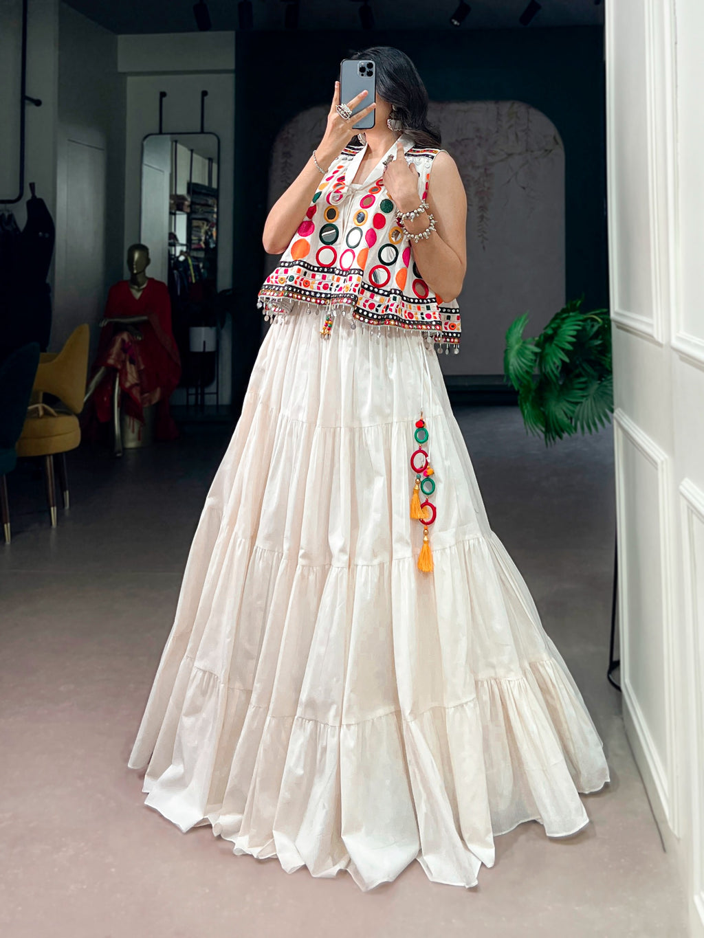 White Mirror Work Lehenga Blouse Koti Set | Tulip Designer
