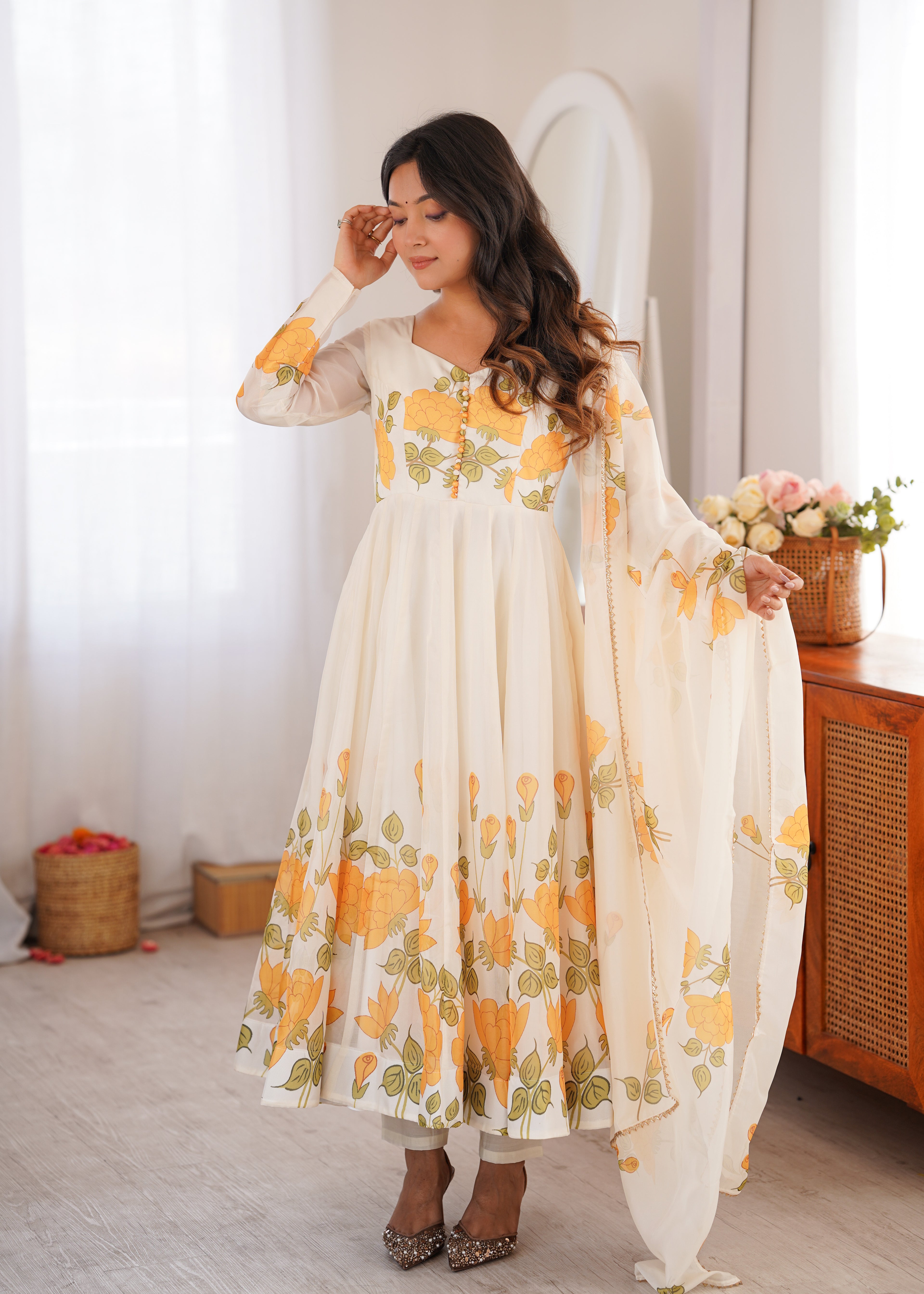 Premium White Organza Silk Floral Print Anarkali Gown with Pant and Dupatta Set
