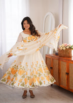 Premium White Organza Silk Floral Print Anarkali Gown with Pant and Dupatta Set
