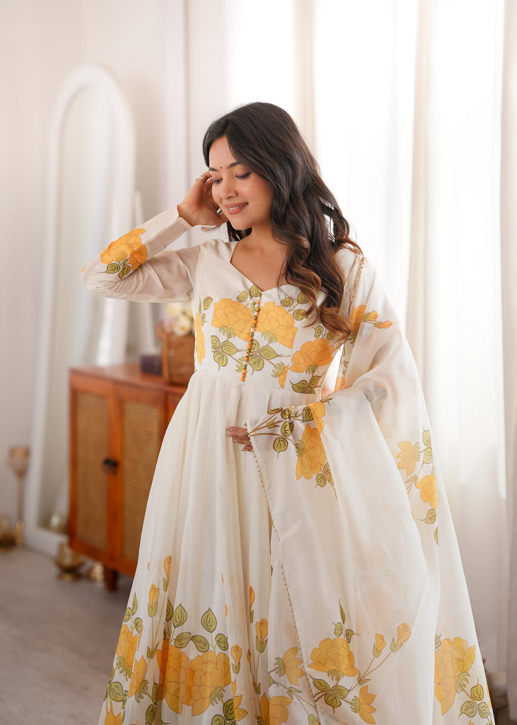Premium White Organza Silk Floral Print Anarkali Gown with Pant and Dupatta Set
