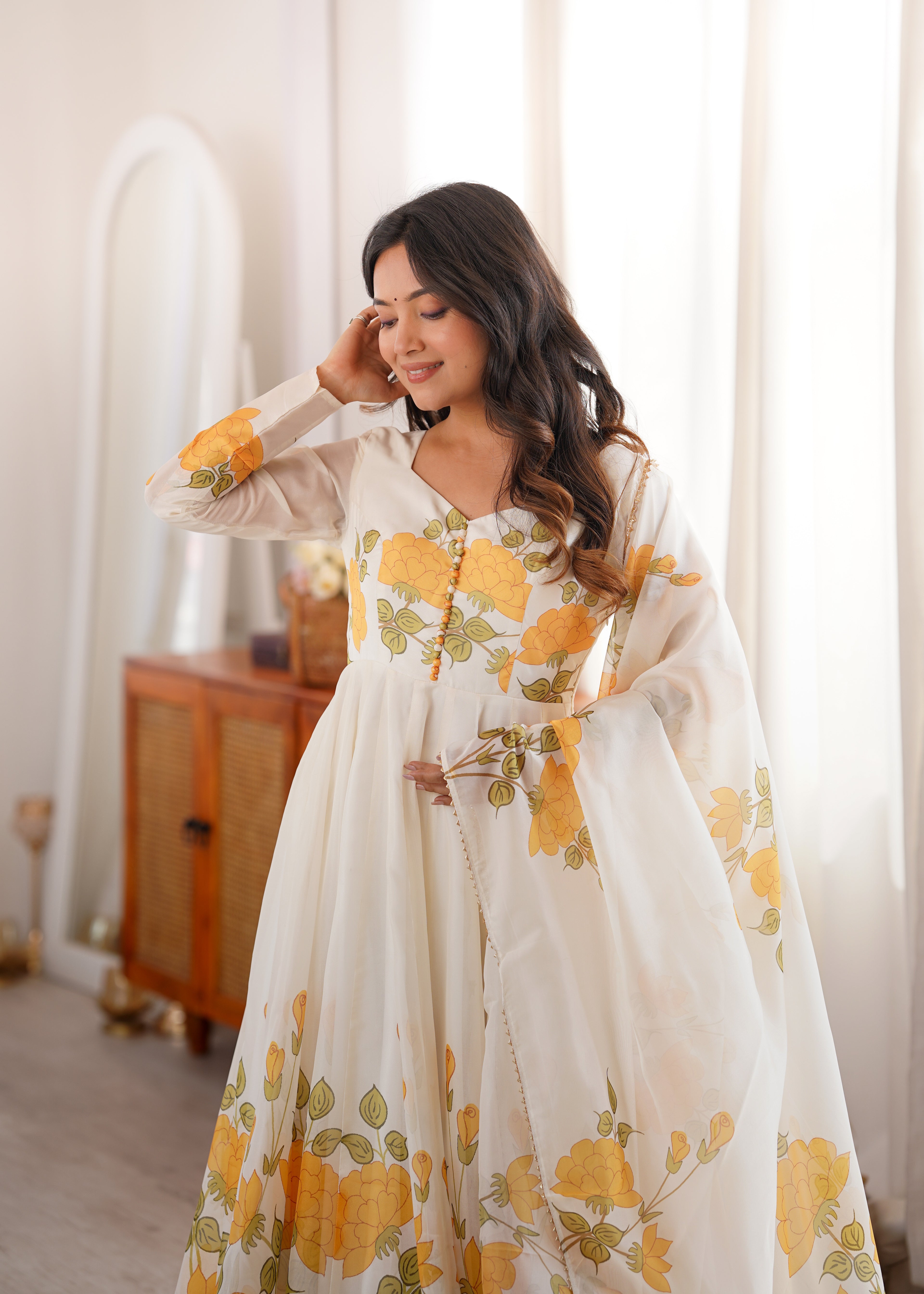 Premium White Organza Silk Floral Print Anarkali Gown with Pant and Dupatta Set
