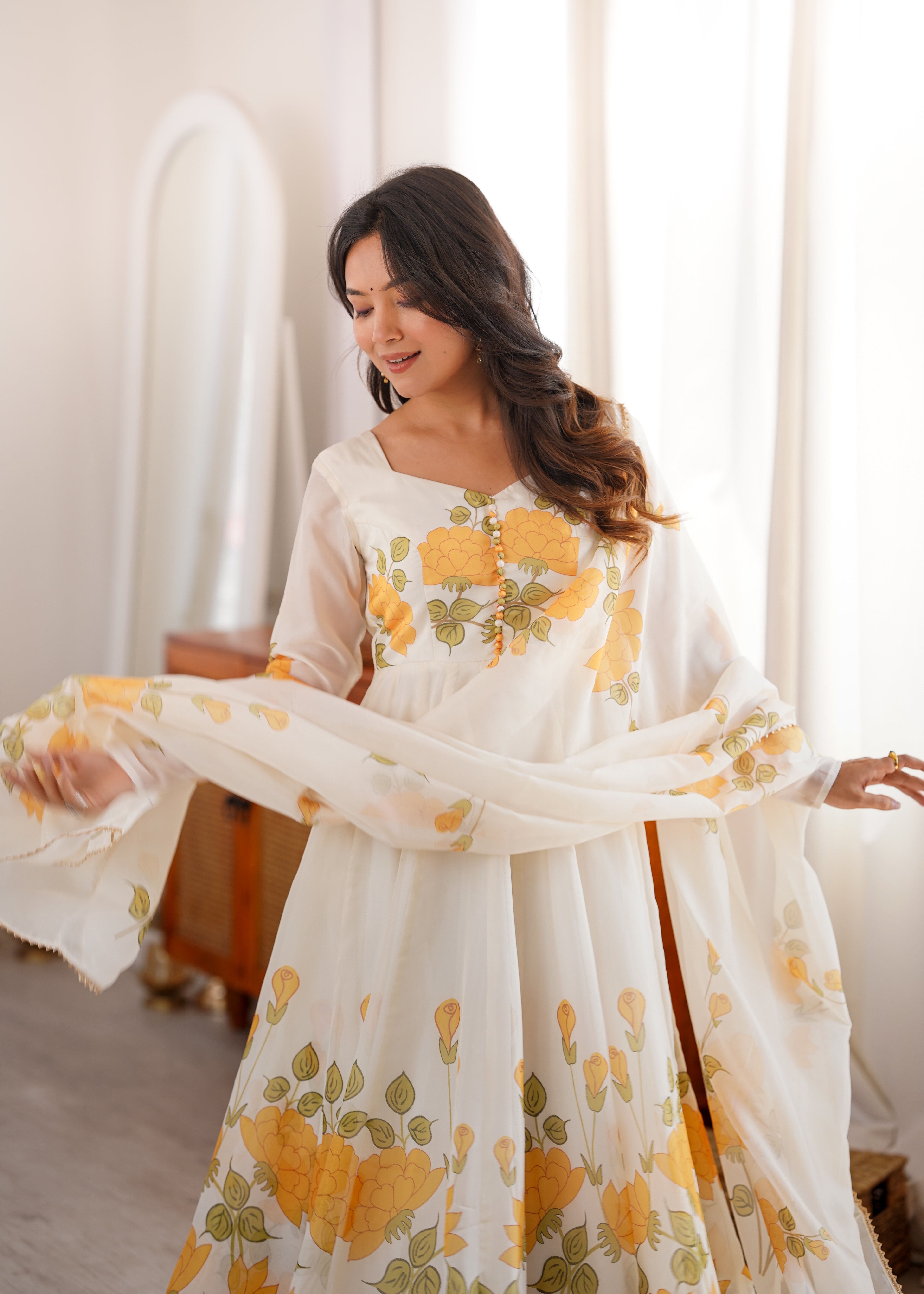 Premium White Organza Silk Floral Print Anarkali Gown with Pant and Dupatta Set
