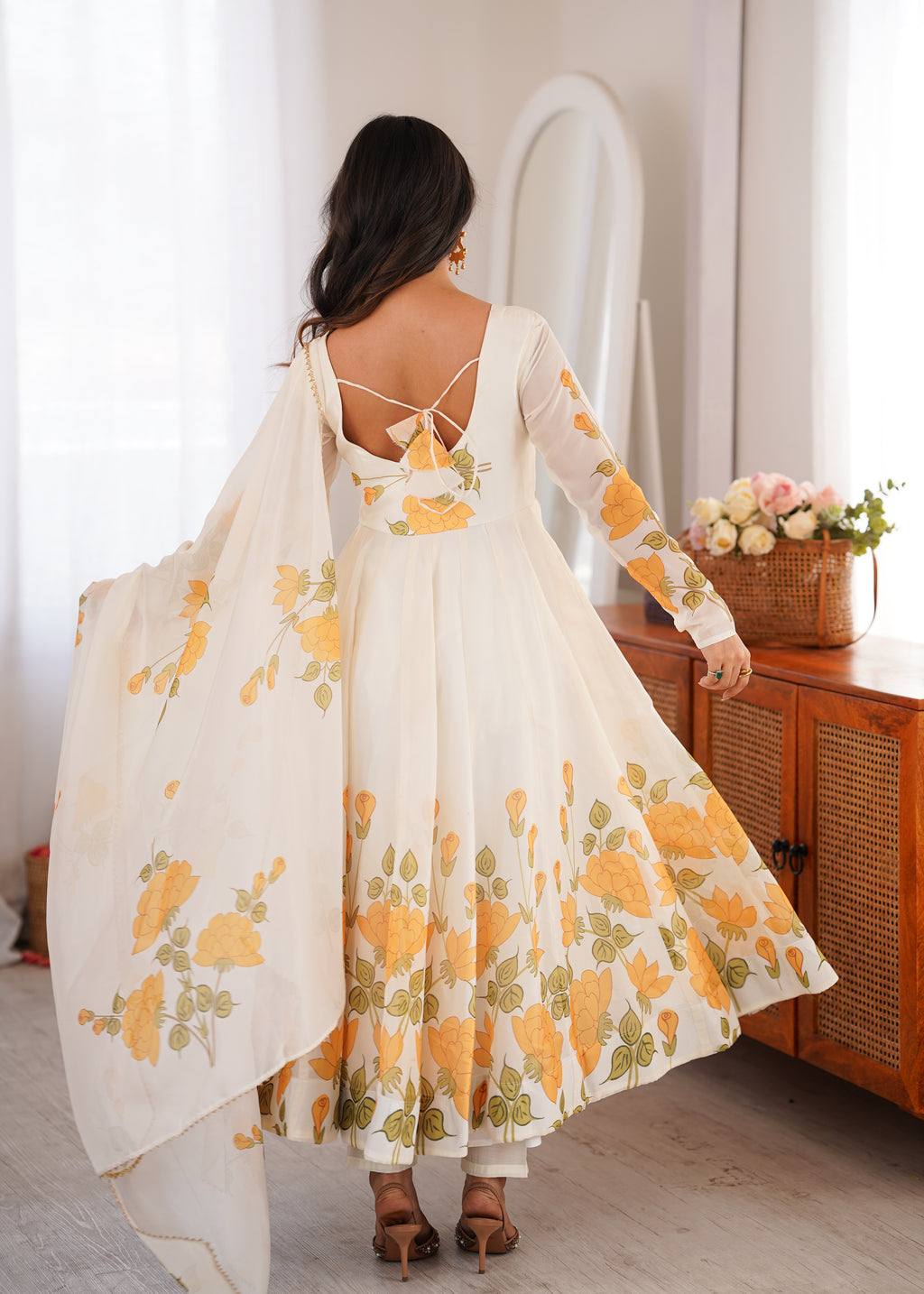Premium White Organza Silk Floral Print Anarkali Gown with Pant and Dupatta Set
