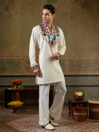 Vibrant White Rayon Embroidered Kurta Set For Mens Wear
