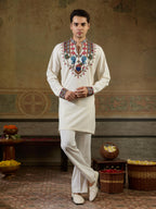 Vibrant White Rayon Embroidered Kurta Set For Mens Wear
