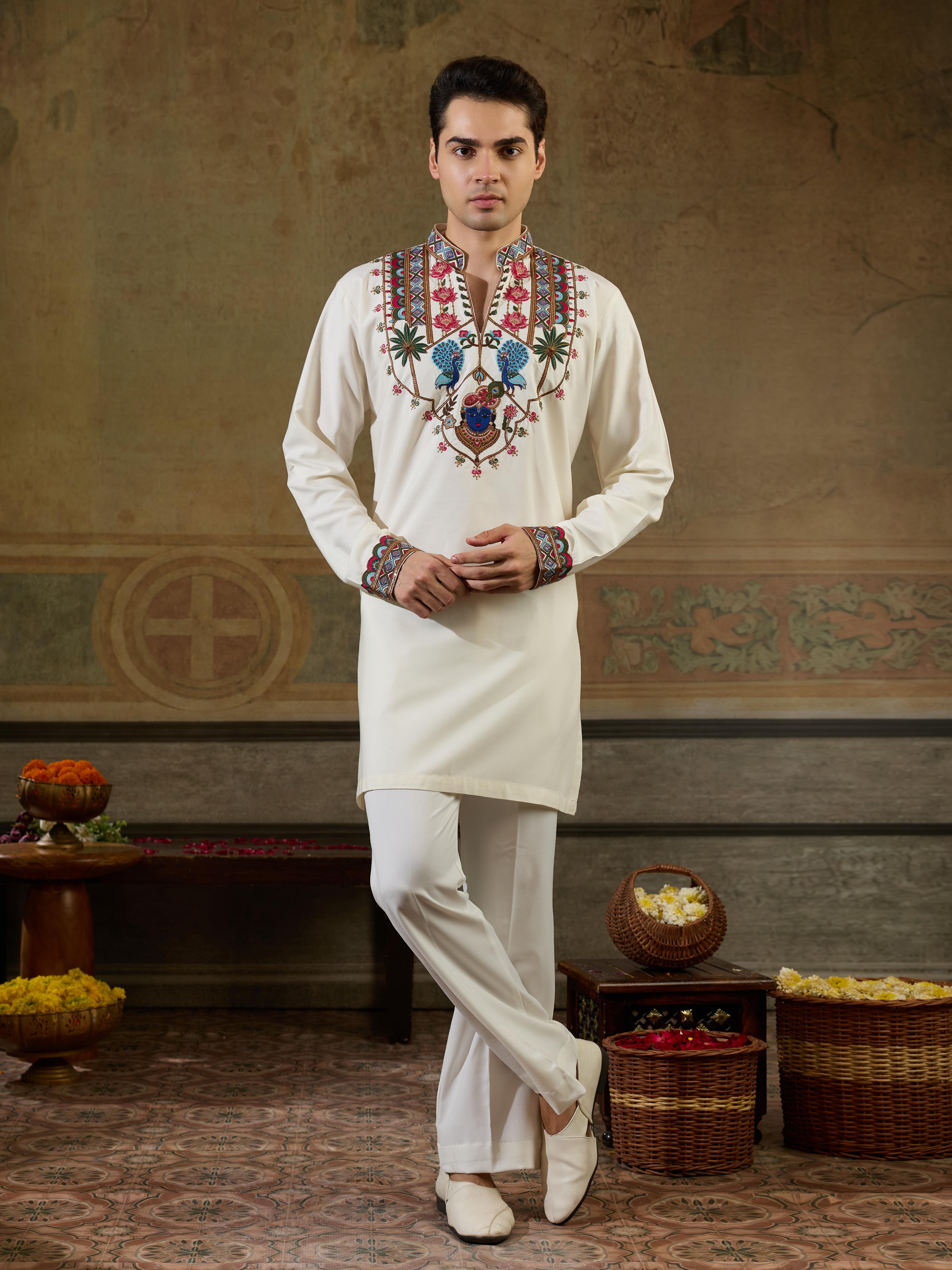 Vibrant White Rayon Embroidered Kurta Set For Mens Wear
