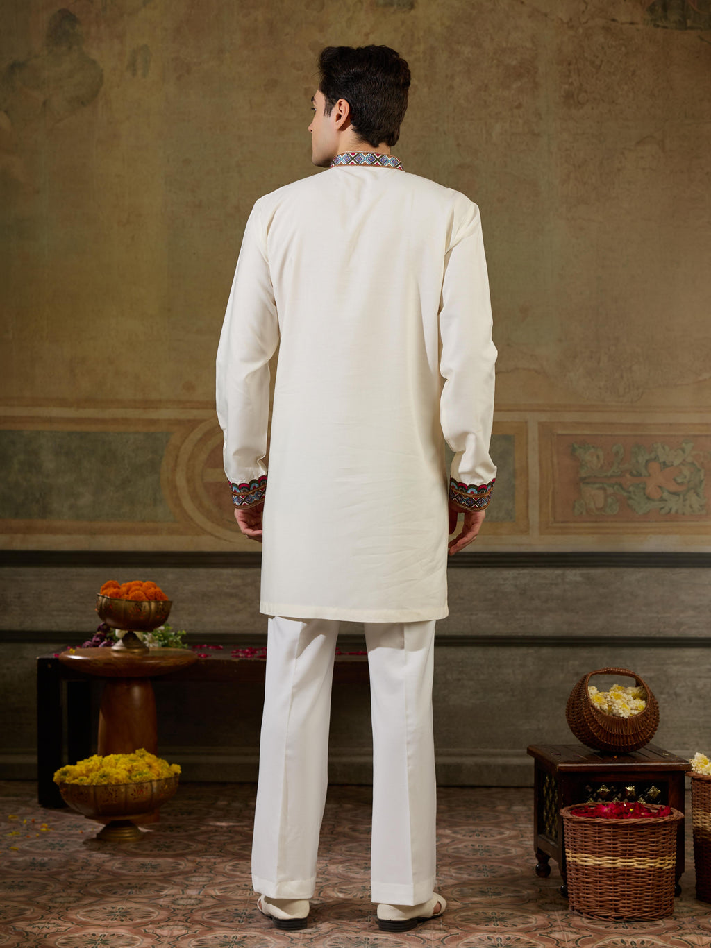 Vibrant White Rayon Embroidered Kurta Set For Mens Wear

