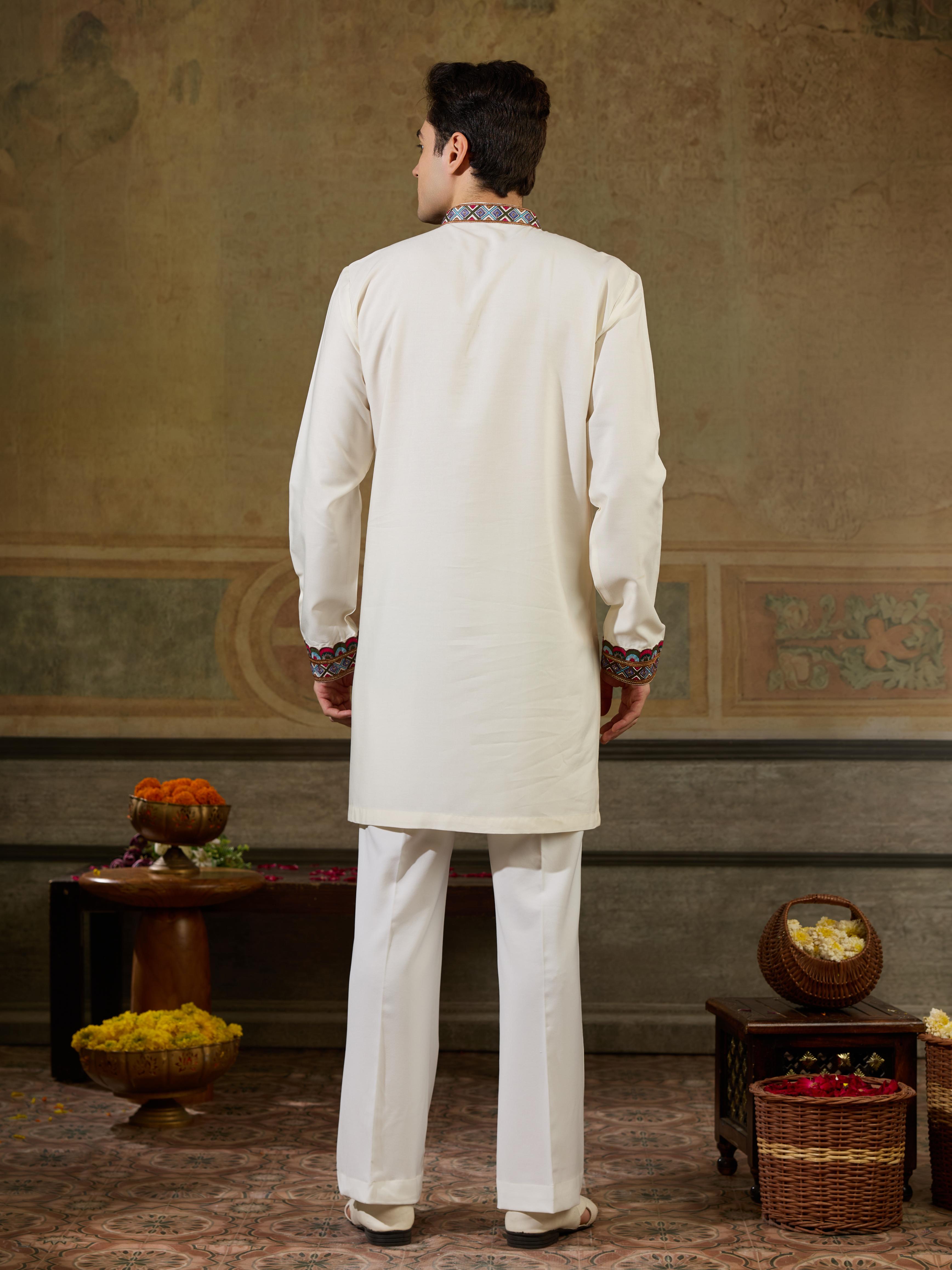 Vibrant White Rayon Embroidered Kurta Set For Mens Wear
