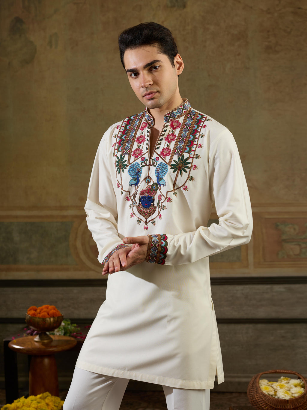 Vibrant White Rayon Embroidered Kurta Set For Mens Wear
