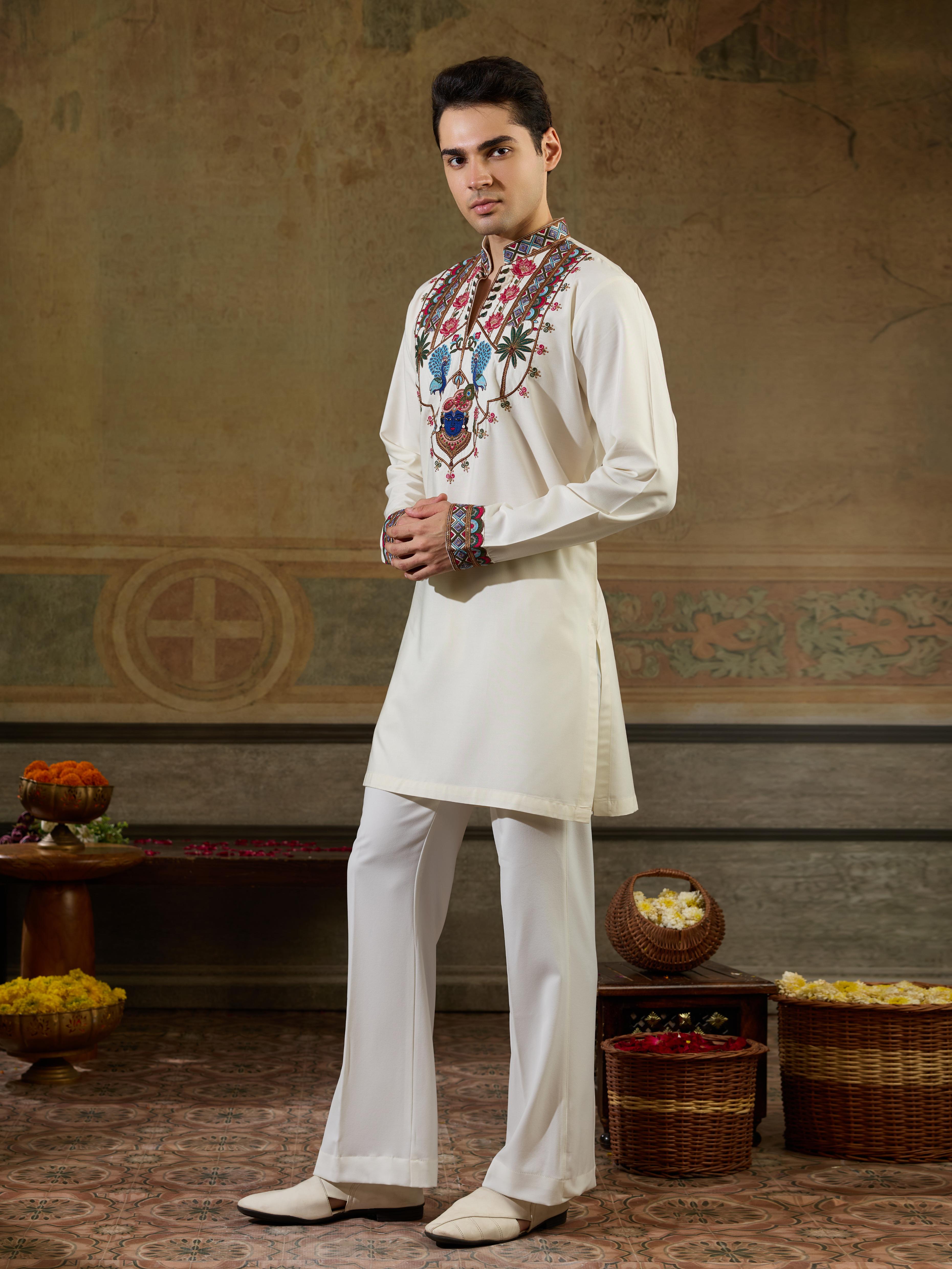 Vibrant White Rayon Embroidered Kurta Set For Mens Wear

