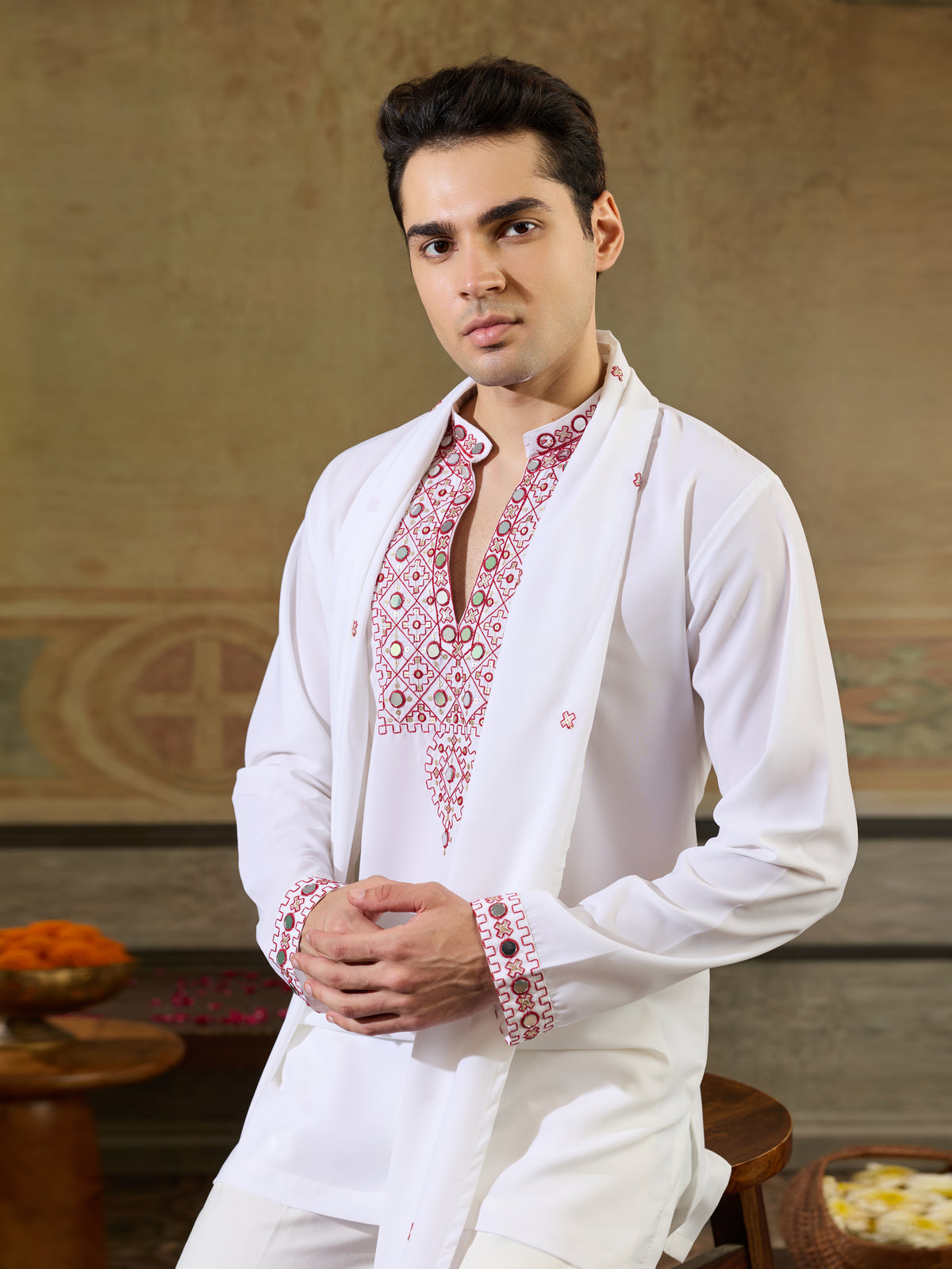 White Rayon Mirror Work Kurta Dupatta Set | Tulip Designer
