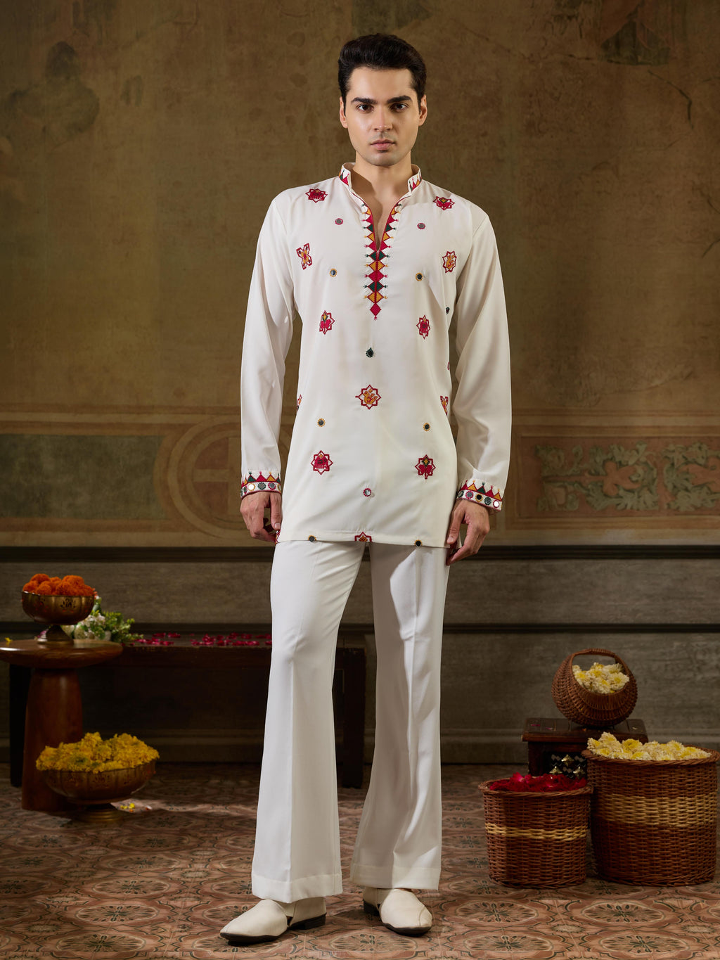 White Rayon Mirror Work Kurta Set | Tulip Designer
