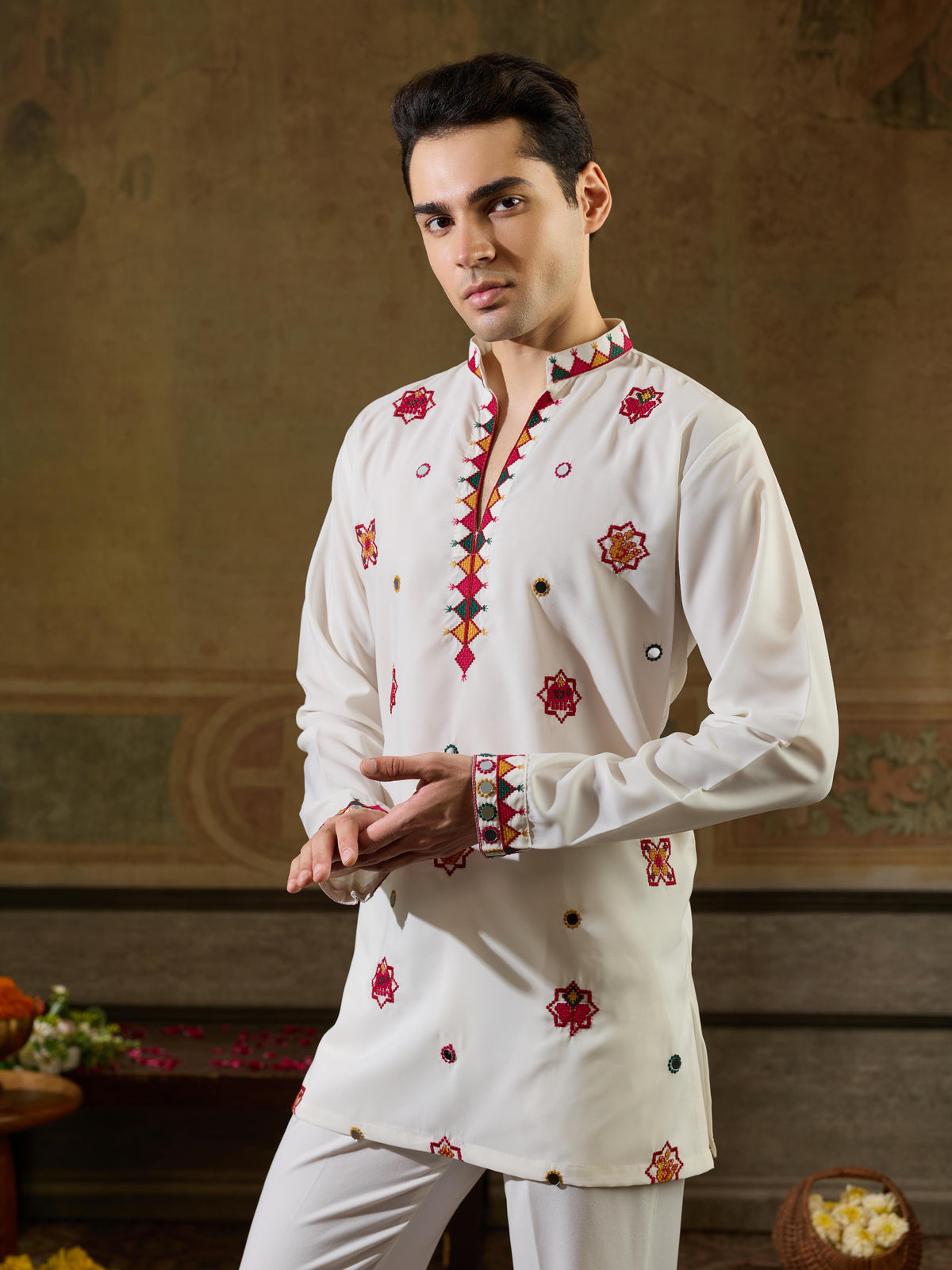 White Rayon Mirror Work Kurta Set | Tulip Designer
