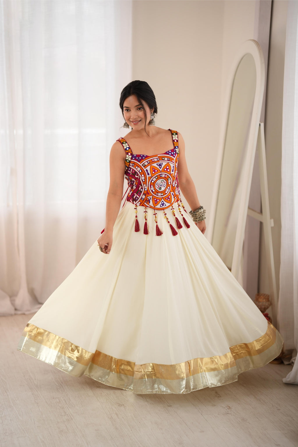 White Rayon Lagdi Lace Mirror Lehenga Set | Tulip Designer
