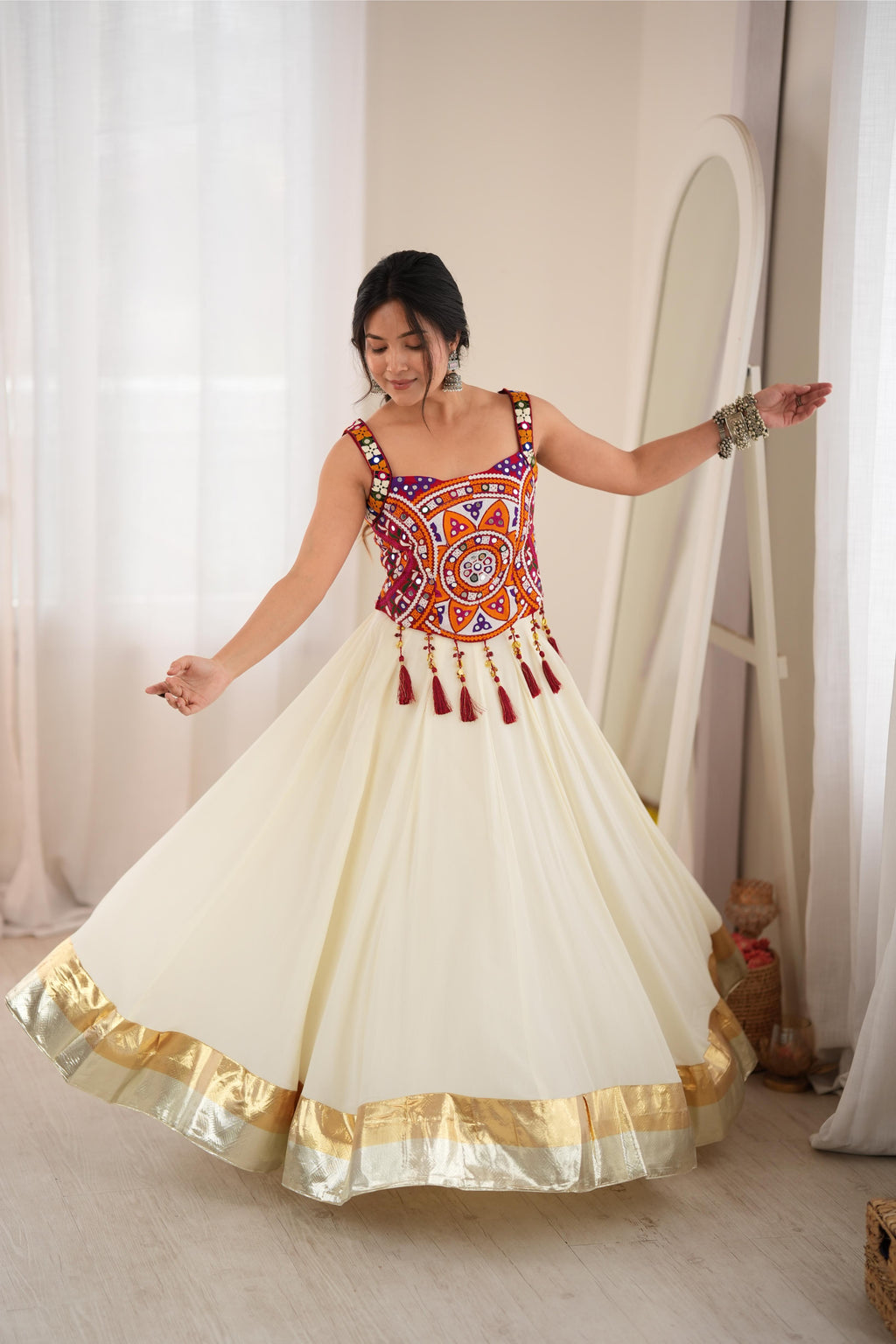 White Rayon Lagdi Lace Mirror Lehenga Set | Tulip Designer
