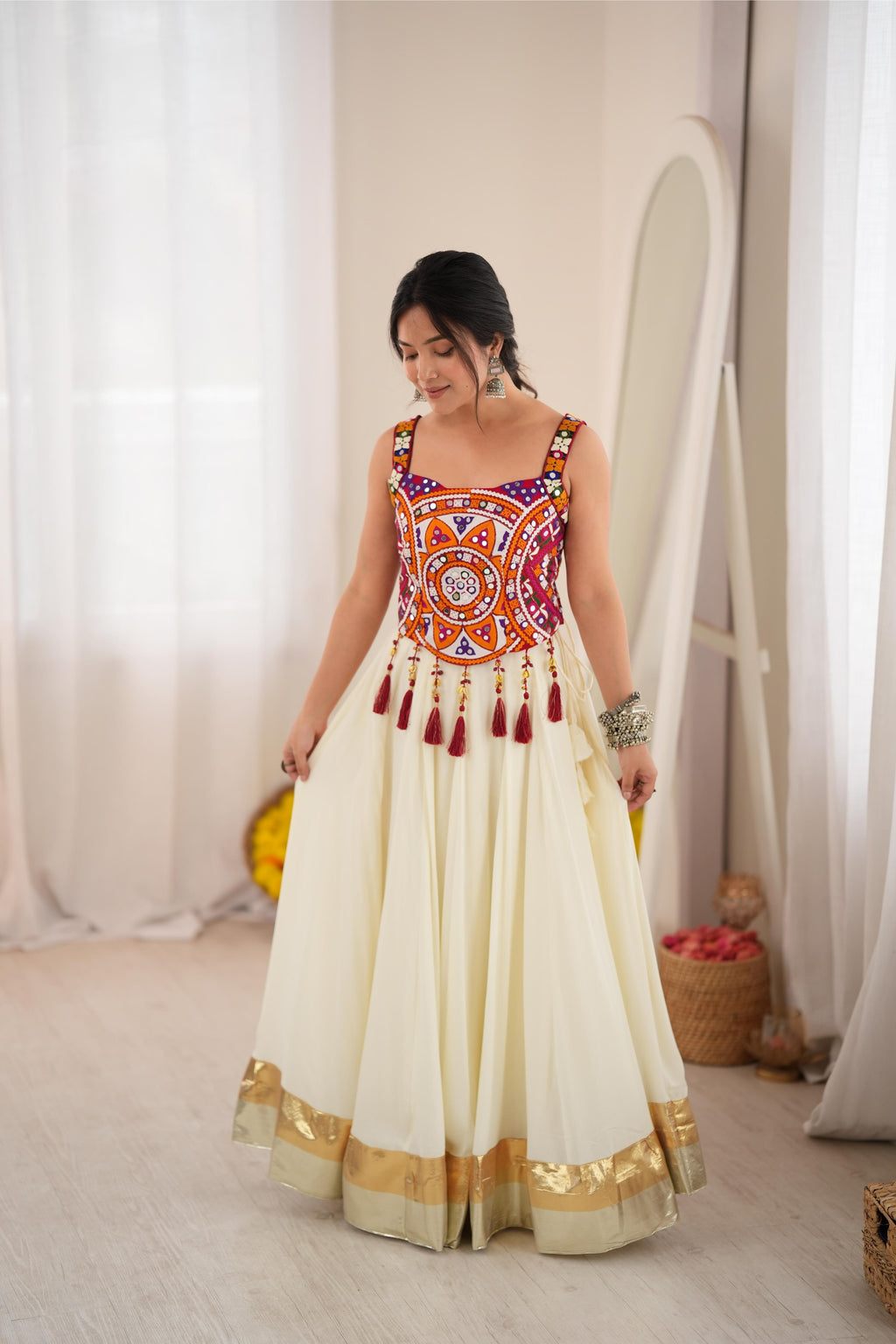 White Rayon Lagdi Lace Mirror Lehenga Set | Tulip Designer
