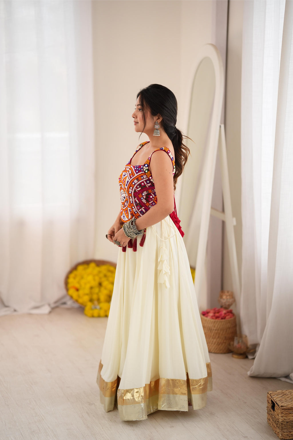 White Rayon Lagdi Lace Mirror Lehenga Set | Tulip Designer
