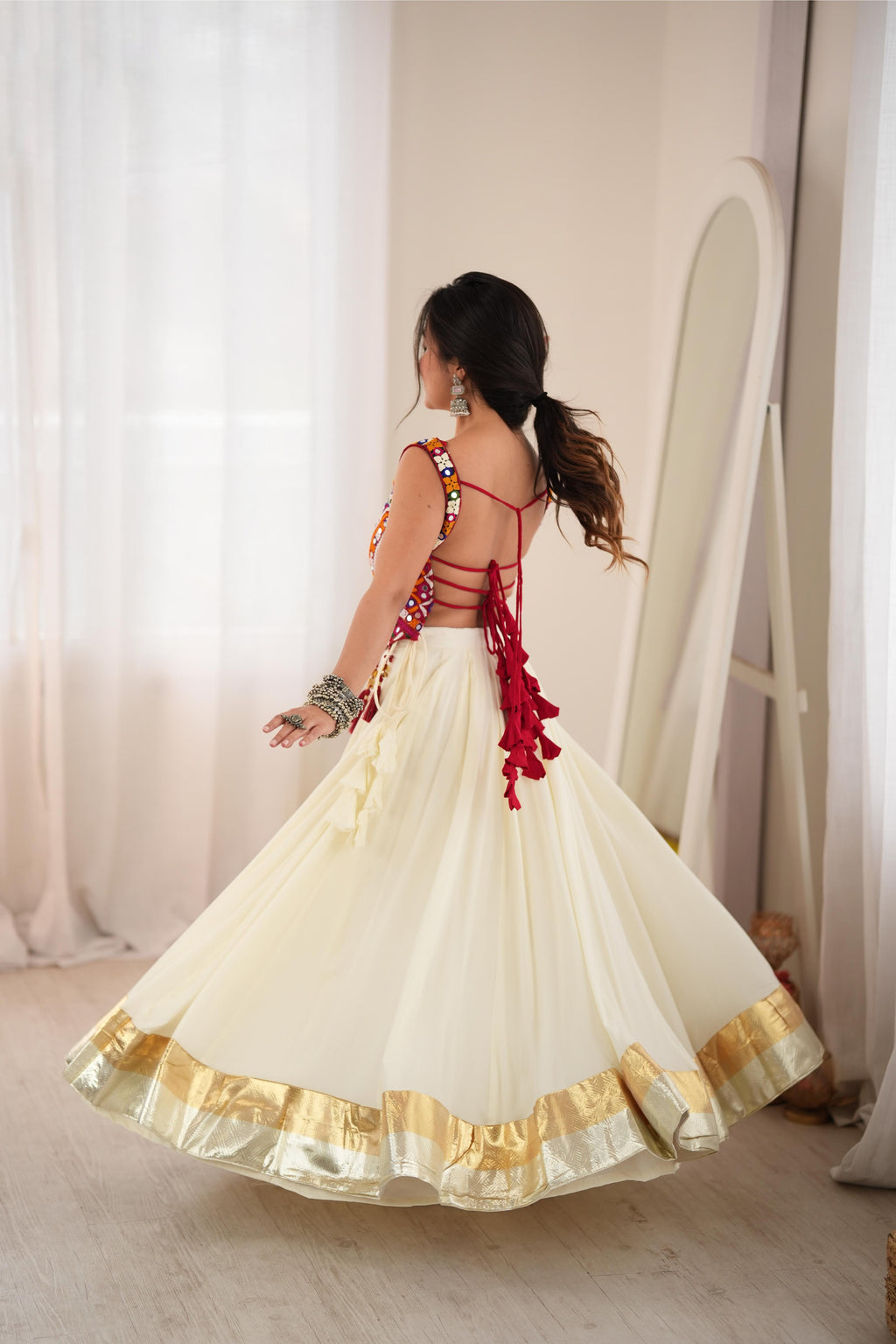 White Rayon Lagdi Lace Mirror Lehenga Set | Tulip Designer
