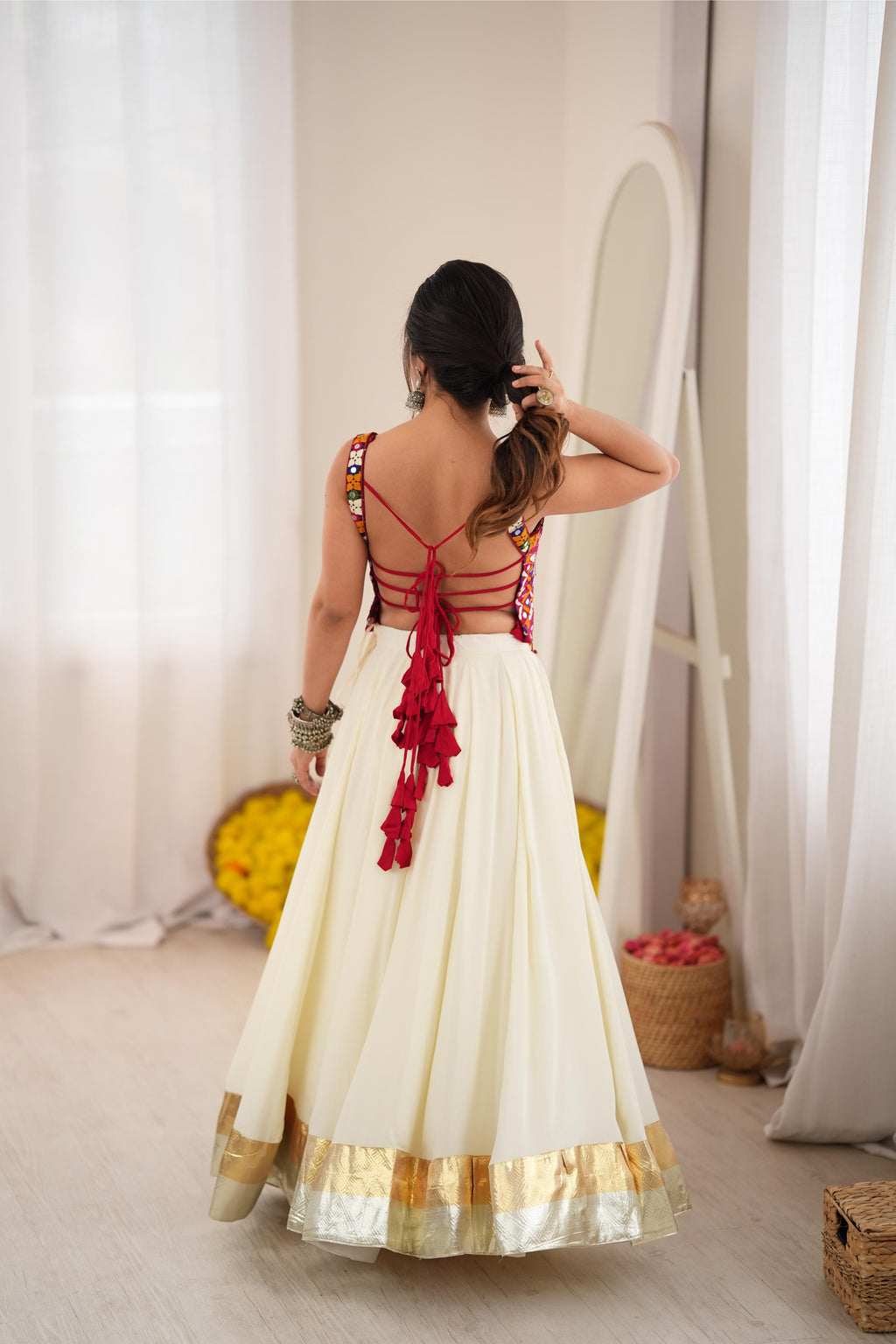 White Rayon Lagdi Lace Mirror Lehenga Set | Tulip Designer

