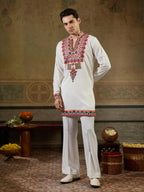White Rayon Multicolor Thread Mirror Kurta Set | Tulip Designer

