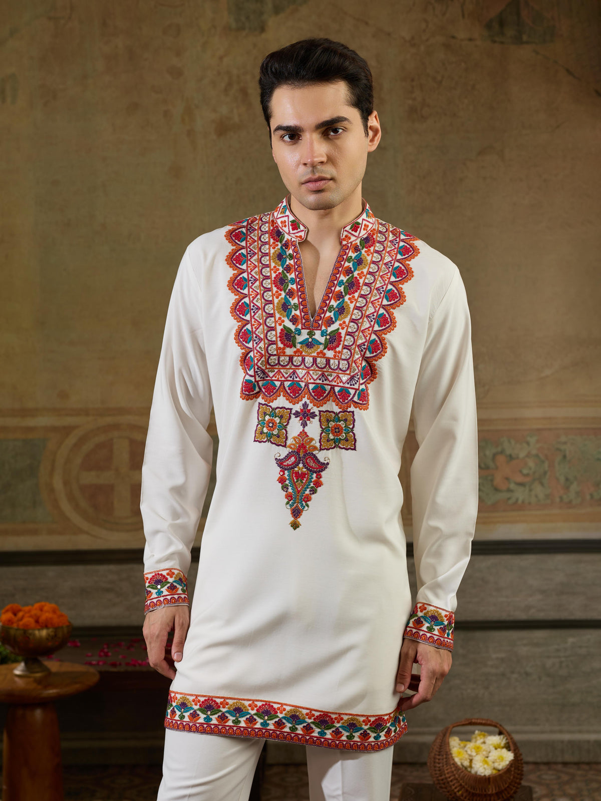 White Rayon Multicolor Thread Mirror Kurta Set | Tulip Designer
