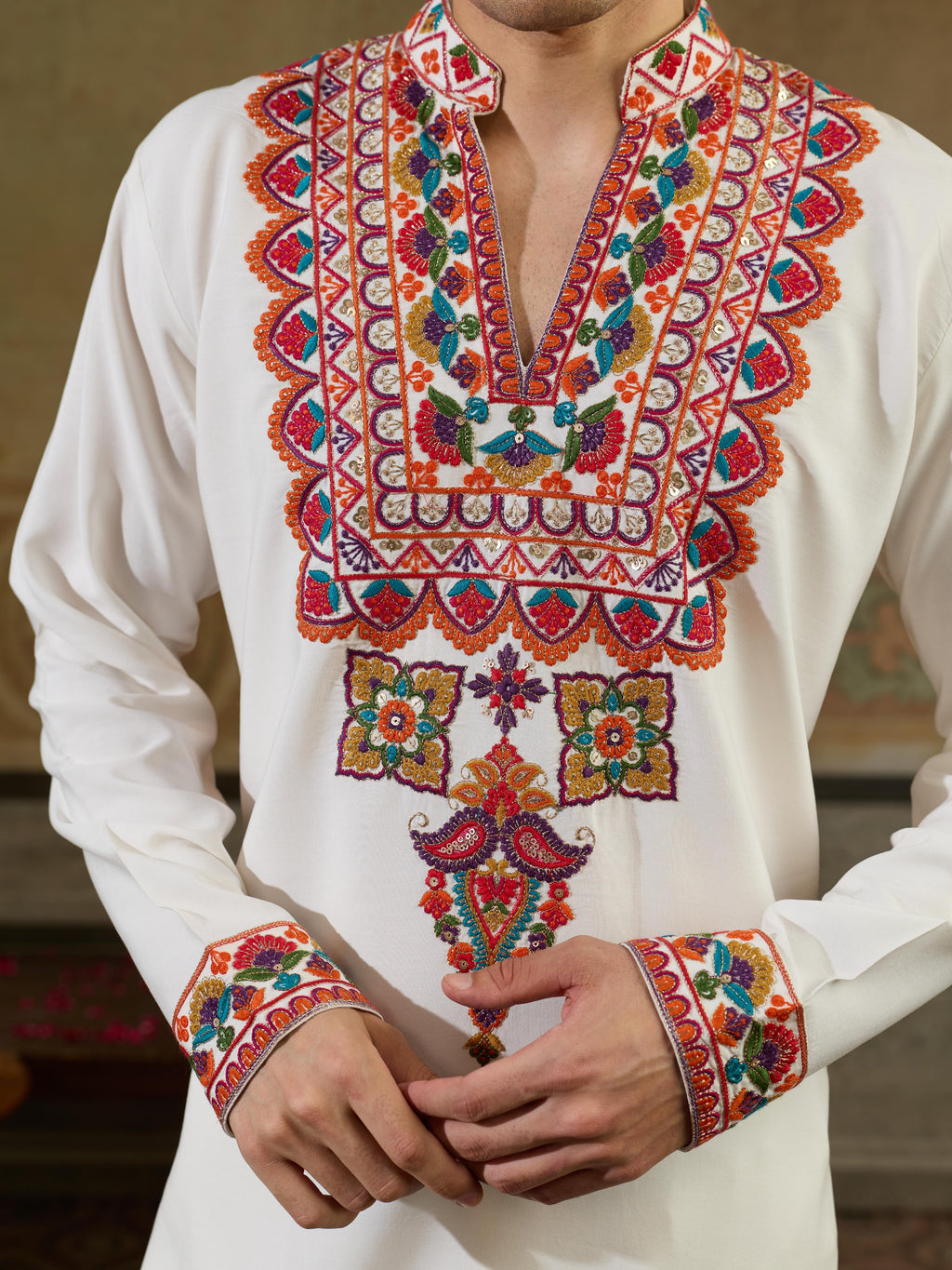White Rayon Multicolor Thread Mirror Kurta Set | Tulip Designer

