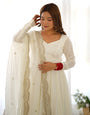 New Premium Quality Pure Romansilk Chanderi Fabric Fully Flair Anarkali With Dupatta Set, Pent Ready To Wear-Off White