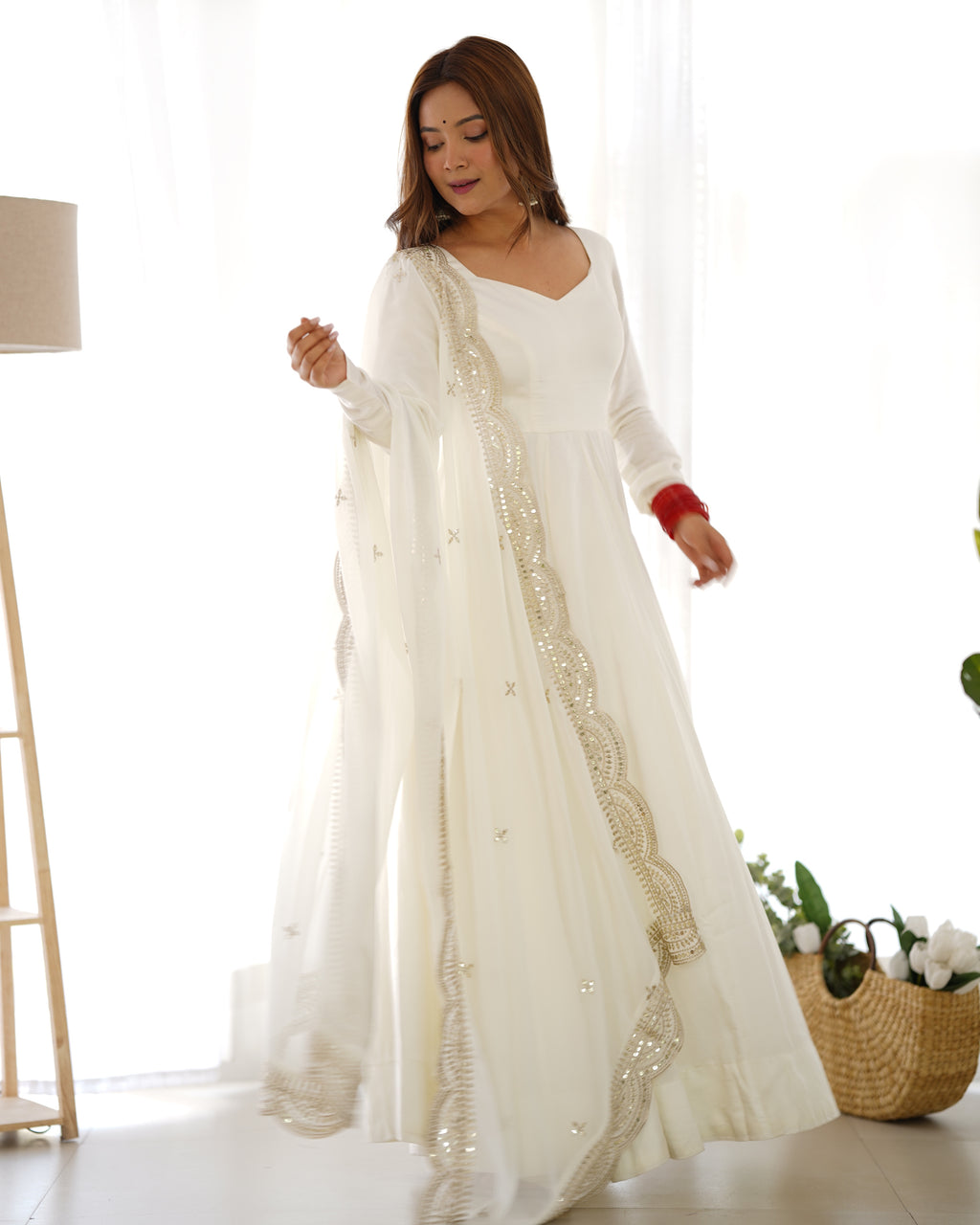 New Premium Quality Pure Romansilk Chanderi Fabric Fully Flair Anarkali With Dupatta Set, Pent Ready To Wear-Off White