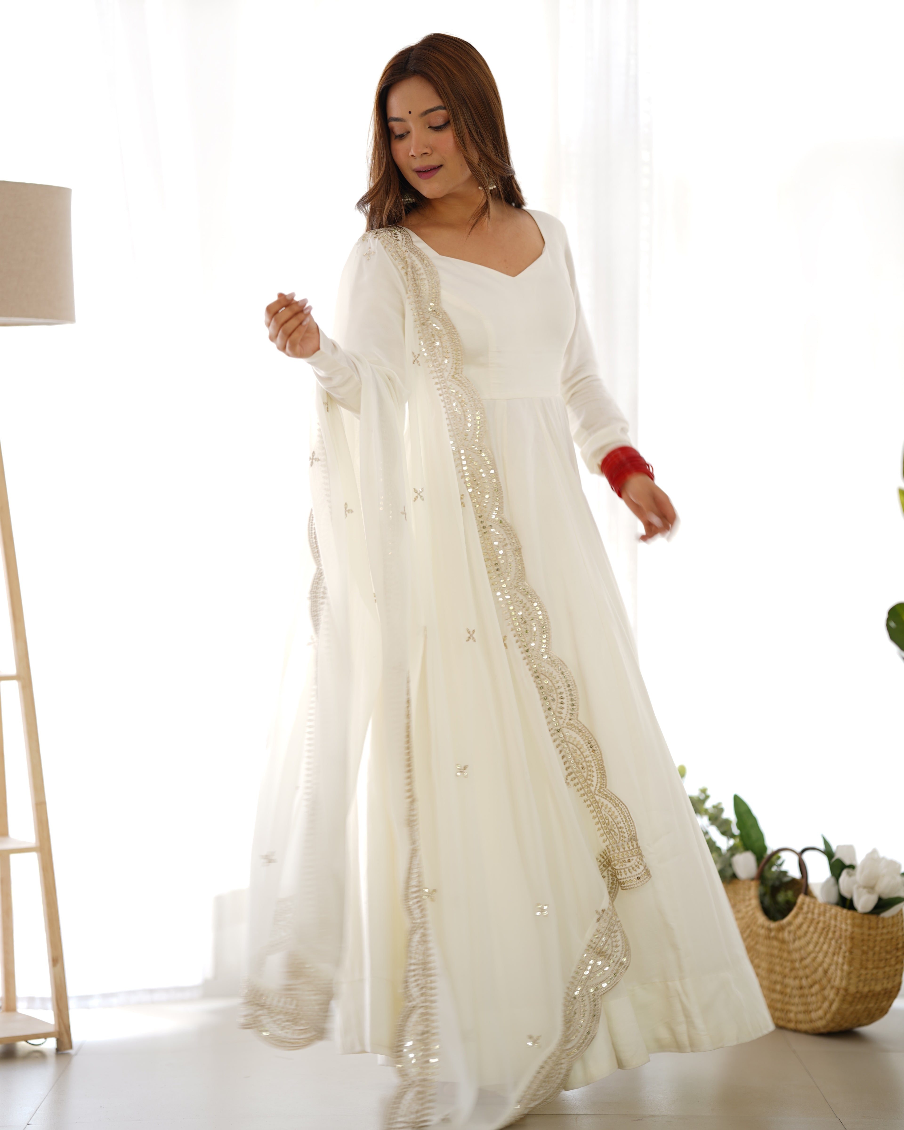 New Premium Quality Pure Romansilk Chanderi Fabric Fully Flair Anarkali With Dupatta Set, Pent Ready To Wear-Off White