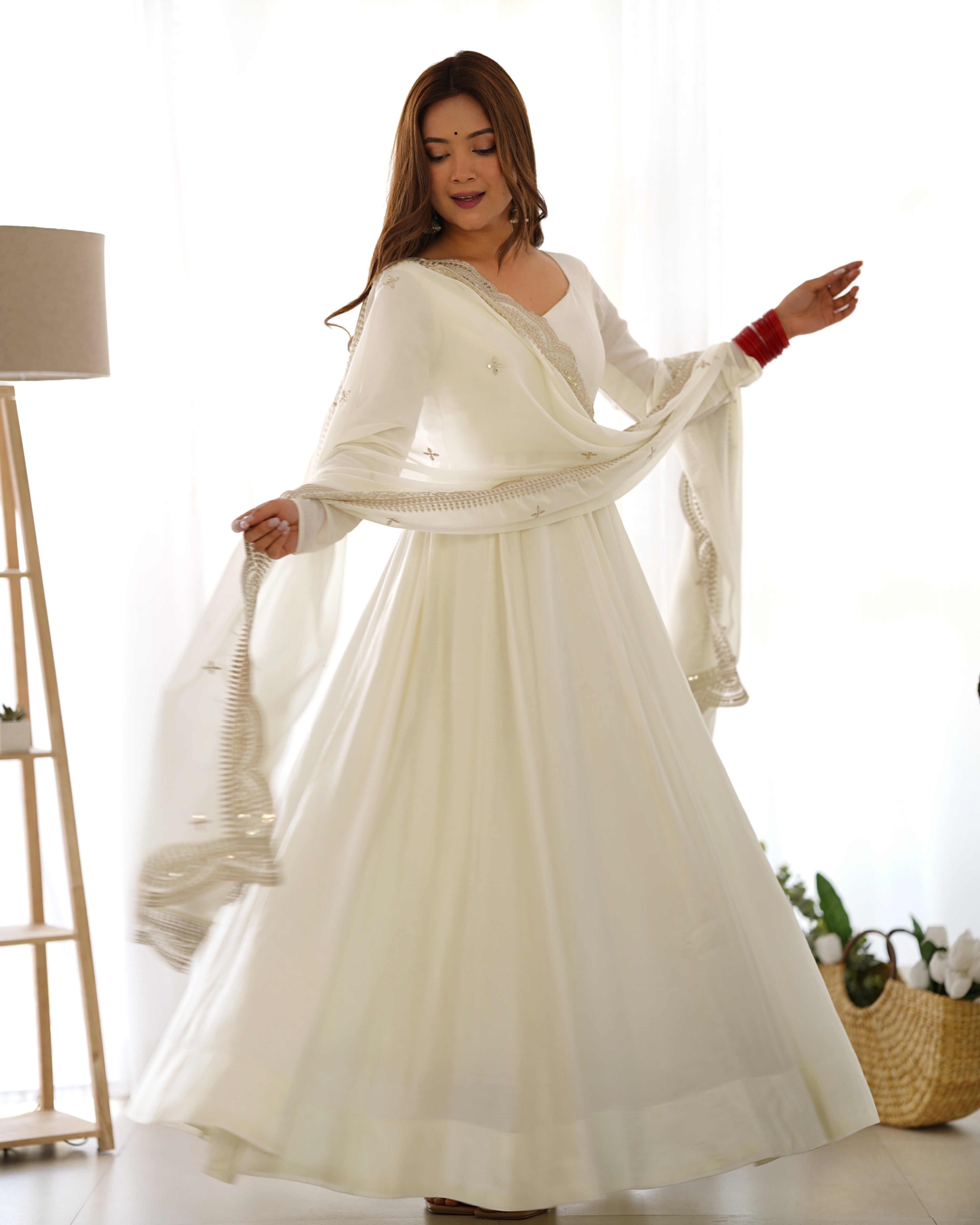 New Premium Quality Pure Romansilk Chanderi Fabric Fully Flair Anarkali With Dupatta Set, Pent Ready To Wear-Off White