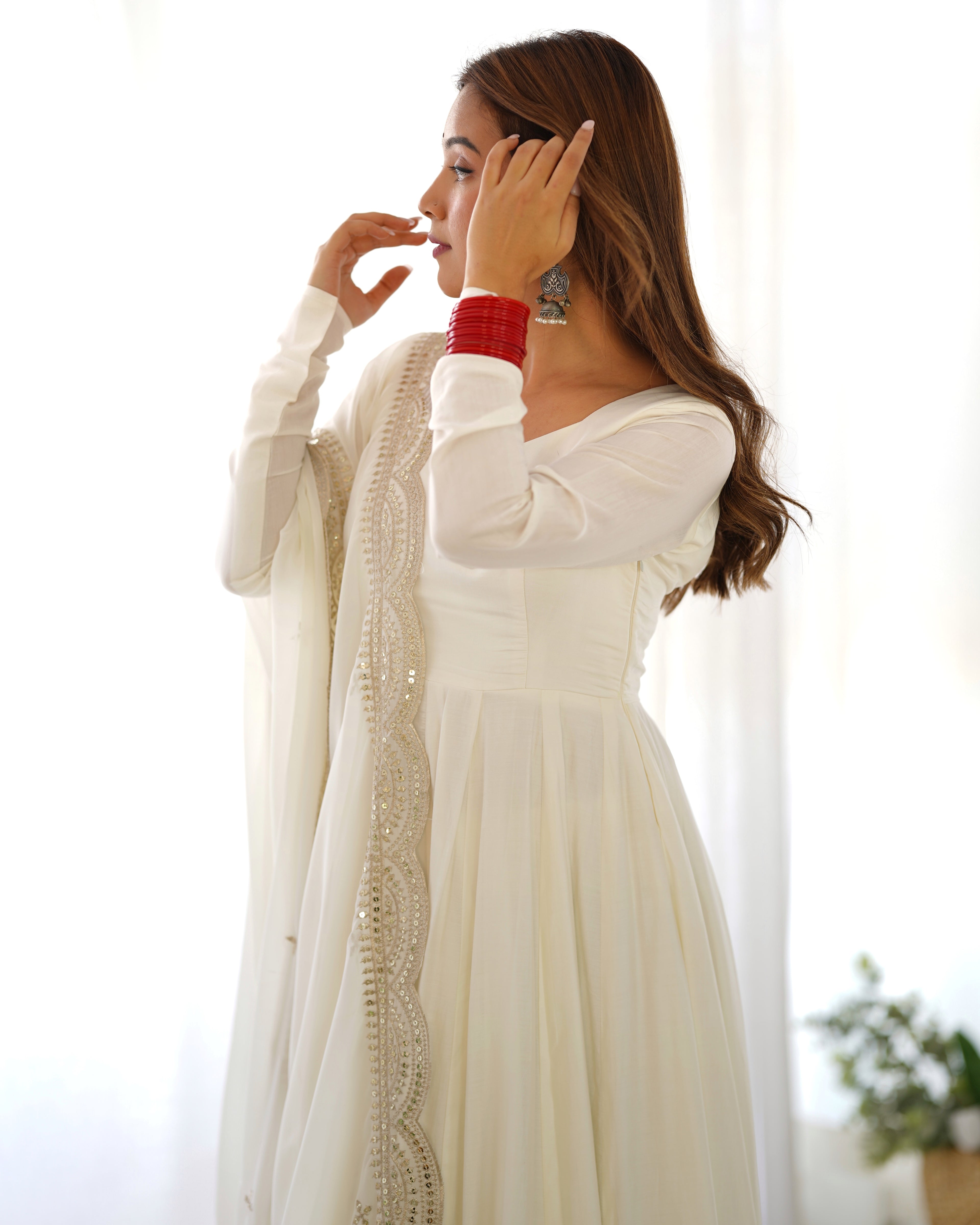 New Premium Quality Pure Romansilk Chanderi Fabric Fully Flair Anarkali With Dupatta Set, Pent Ready To Wear-Off White
