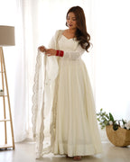 New Premium Quality Pure Romansilk Chanderi Fabric Fully Flair Anarkali With Dupatta Set, Pent Ready To Wear-Off White